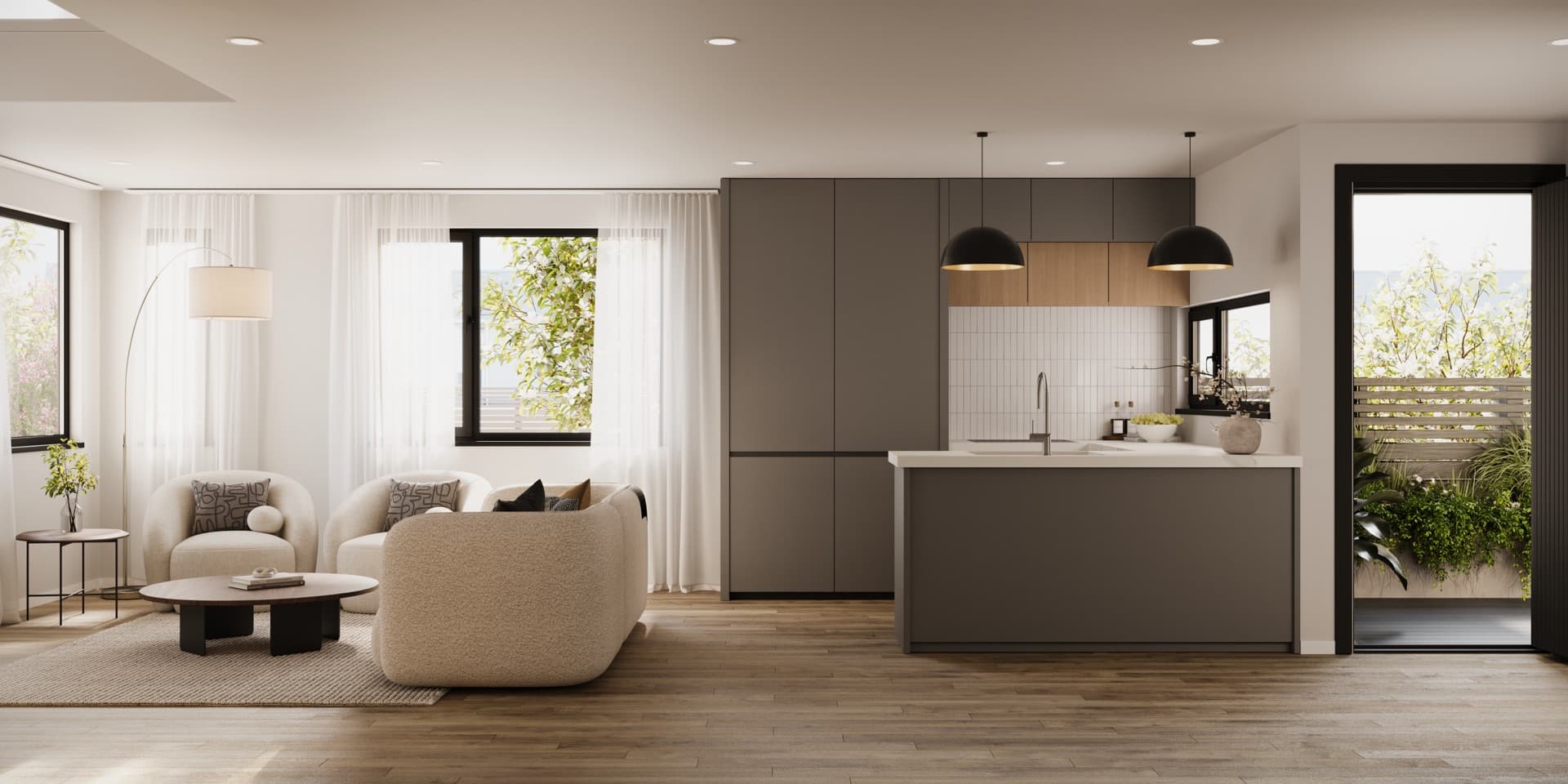 Photorealistic 3D interior render of a light-filled living space at the View Road residential development in Auckland by Render Works