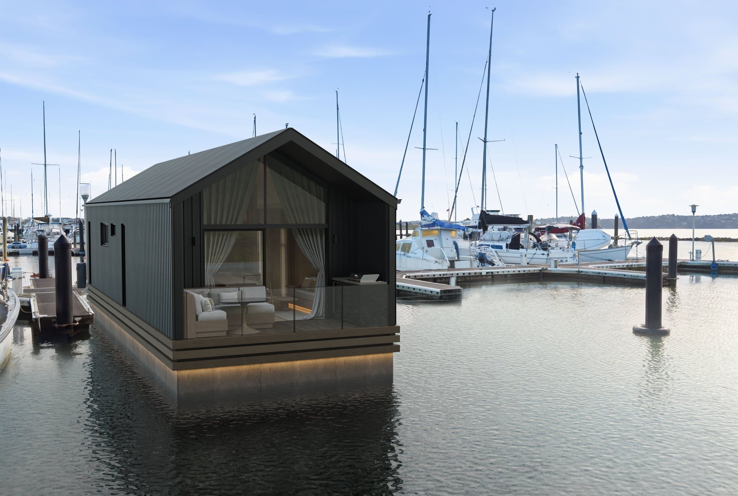 Aerial render of the front and side of a Boathouse Residence beside the marina pontoons