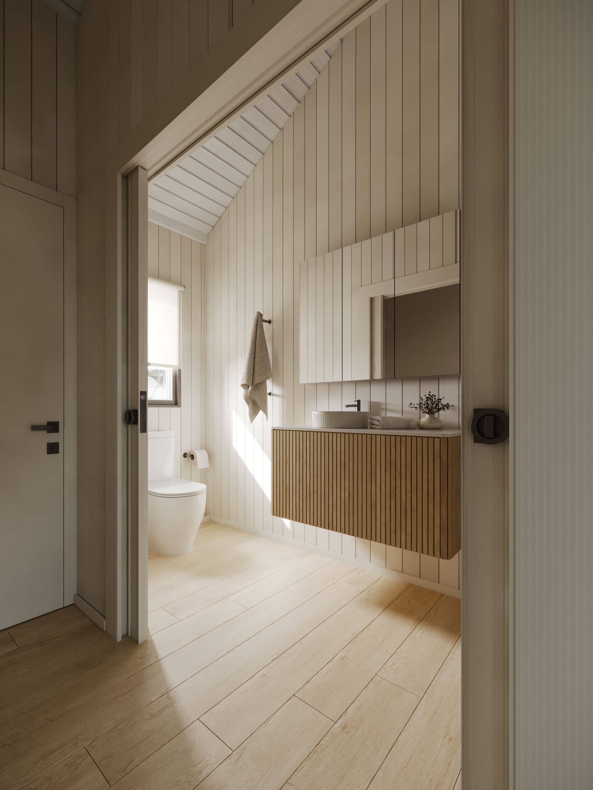 Render of the Boathouse studio bathroom with a timber vanity and soft natural light