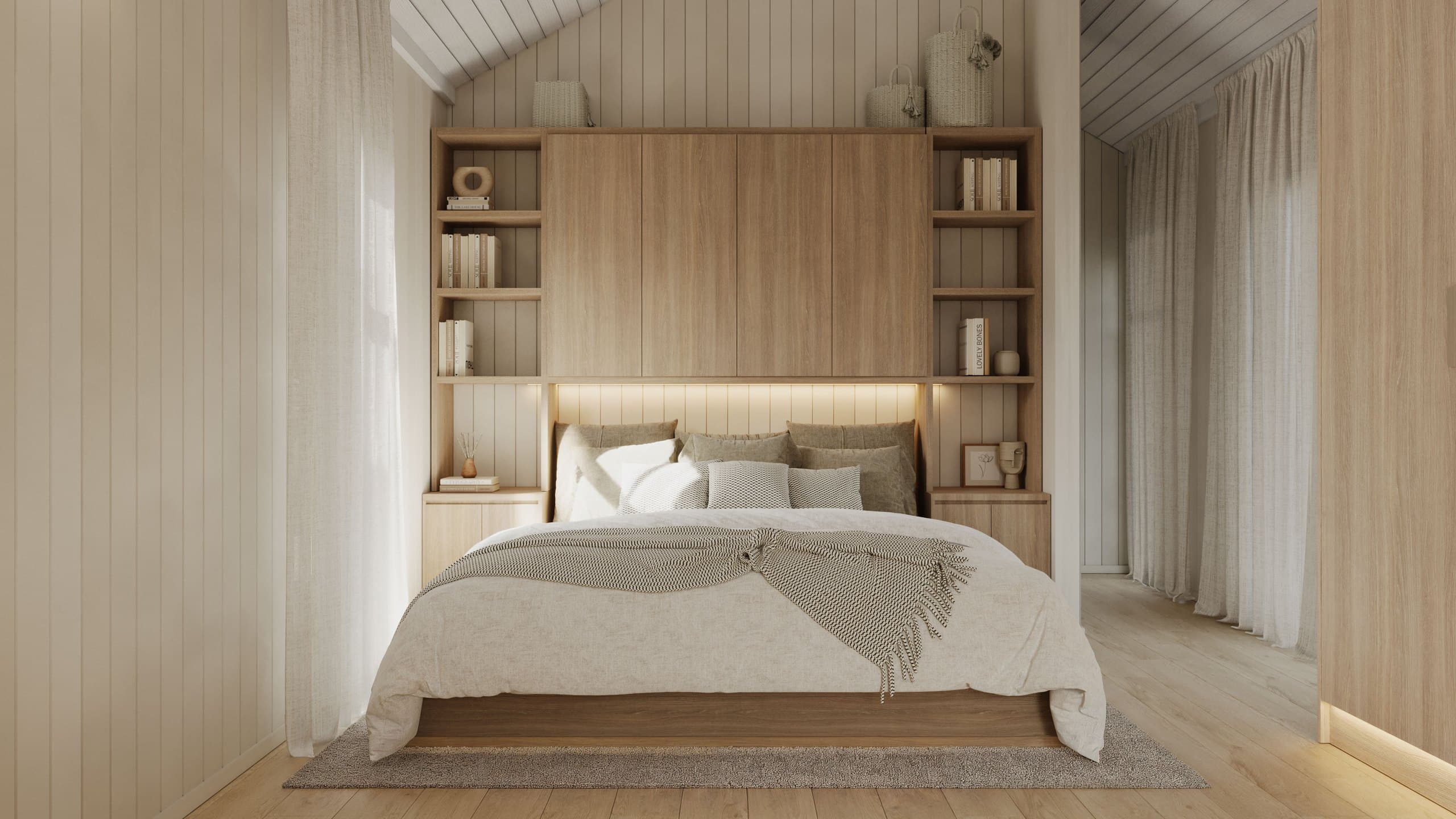 Render of the Boathouse studio bed framed by timber cabinetry and curtains