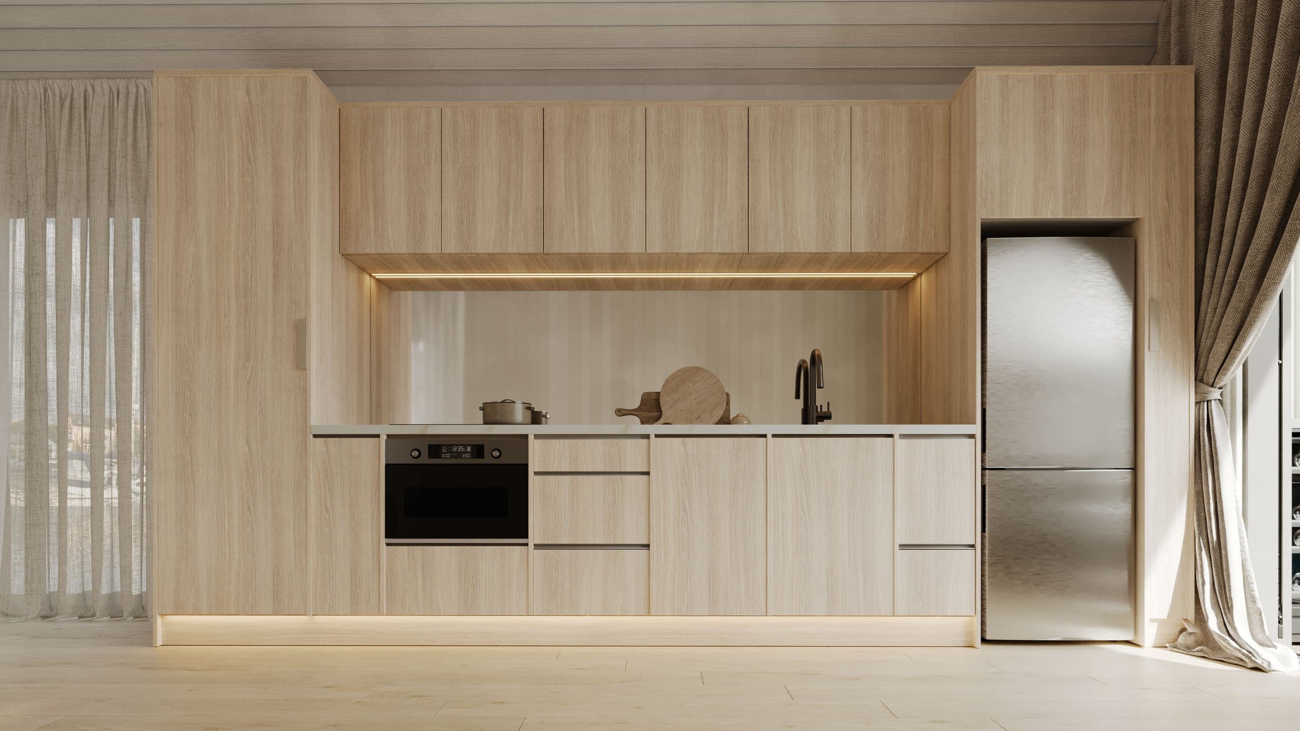 Render of the Boathouse studio kitchen with timber joinery beneath a pitched ceiling