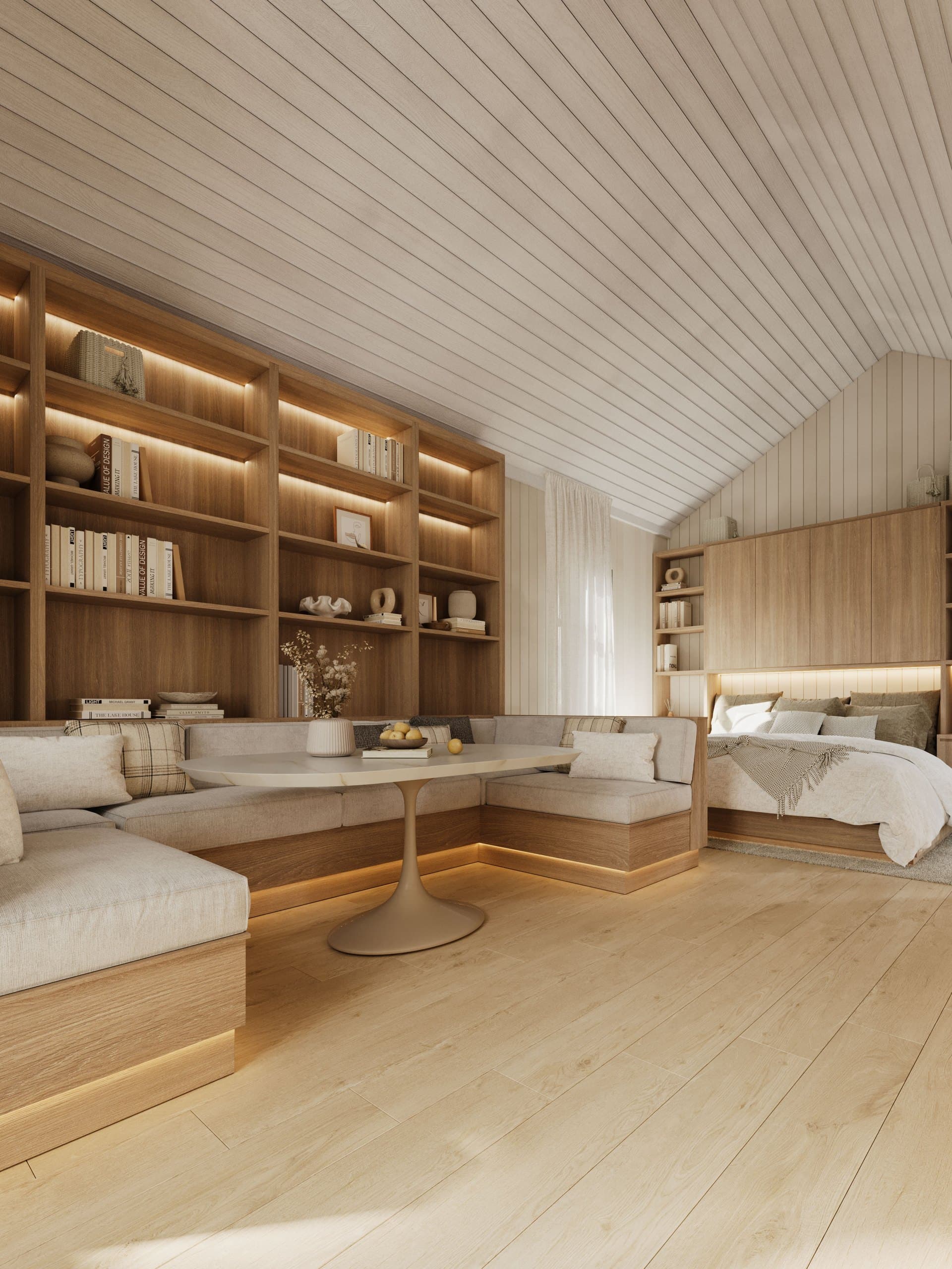 Render of the timber-lined Boathouse studio living area with shelving and built-in seating