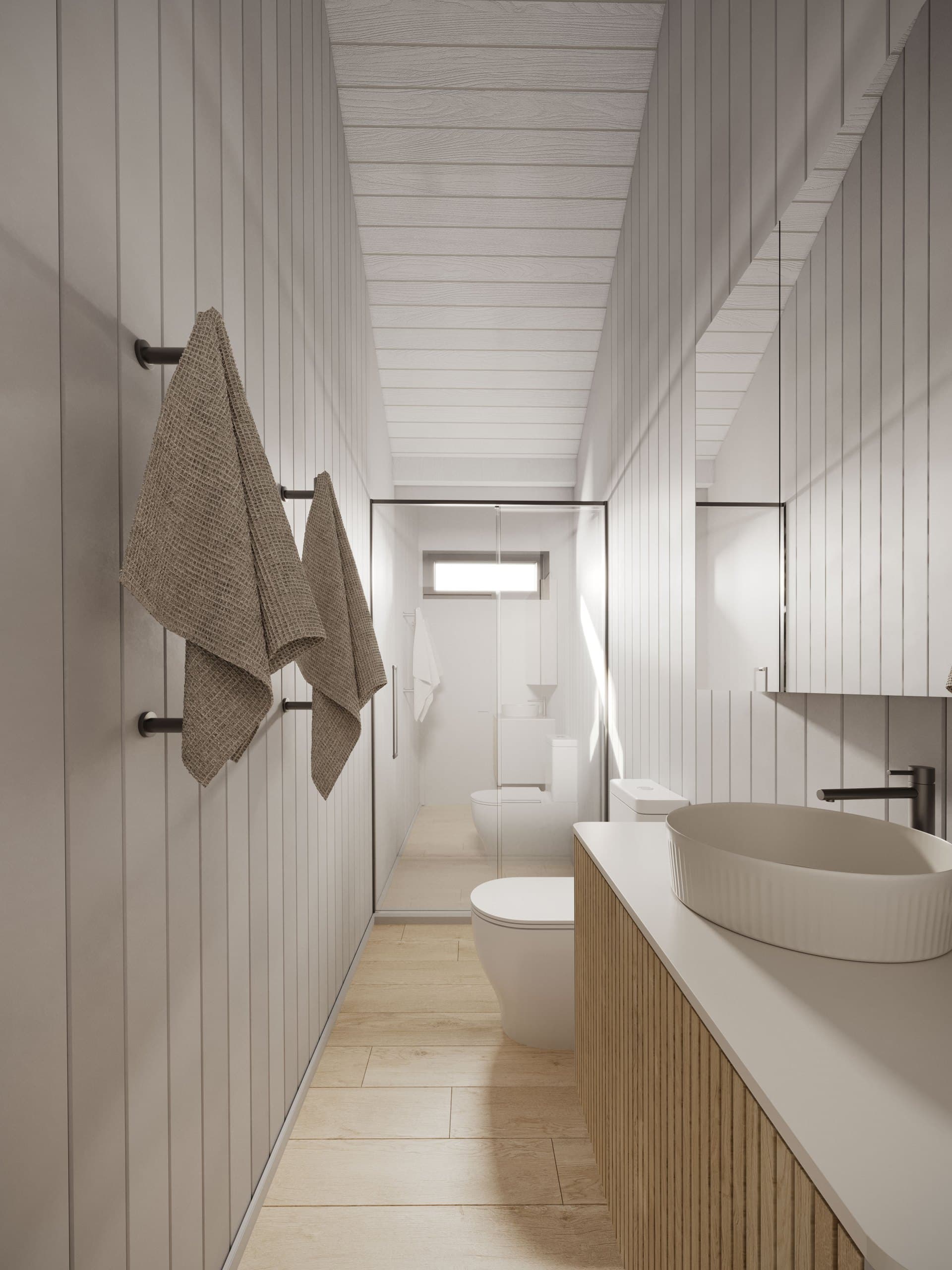 Render of the two-bedroom Boathouse bathroom with a long vanity and pale timber walls