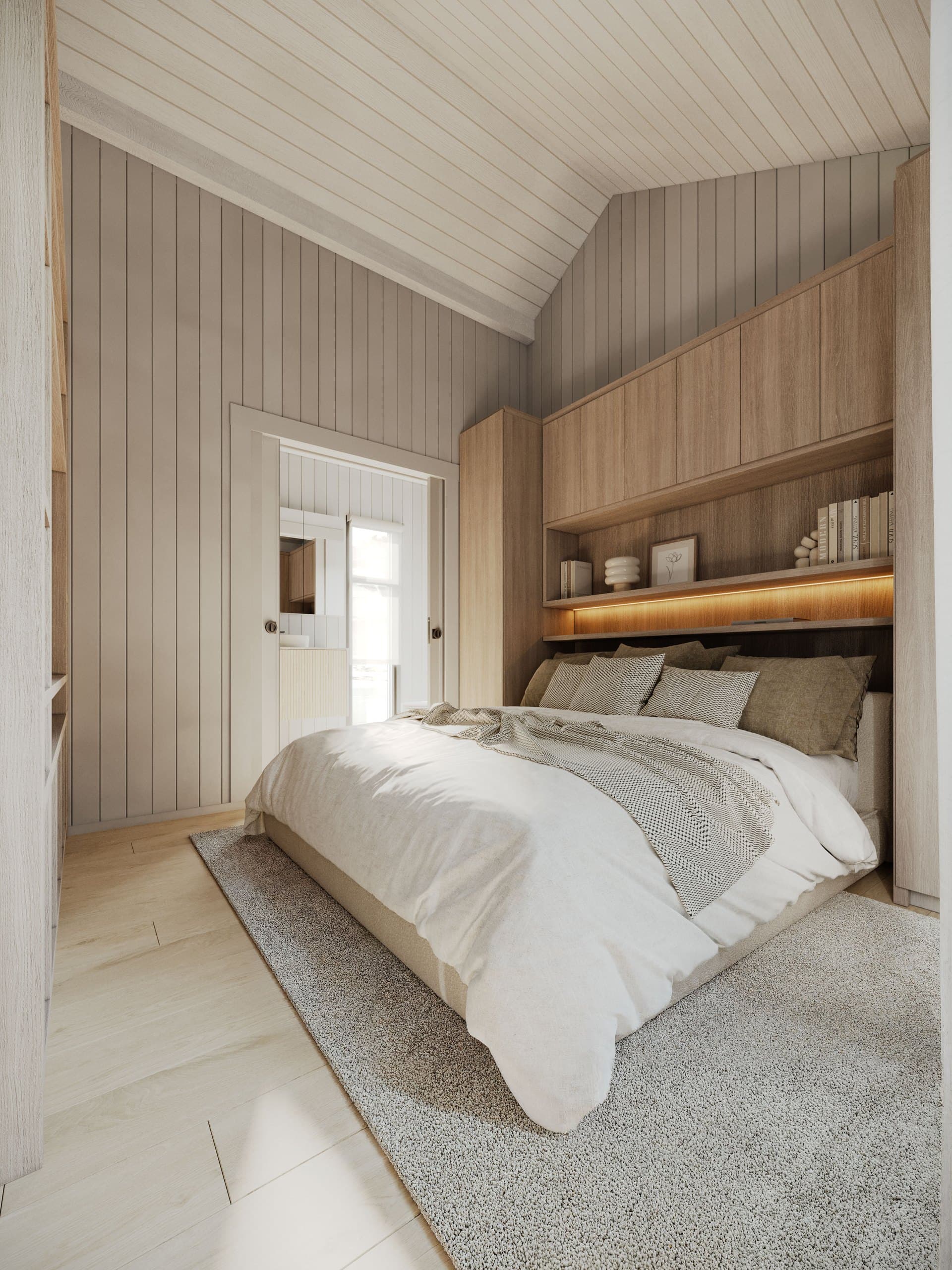Render of the two-bedroom Boathouse guest bedroom with built-in shelving