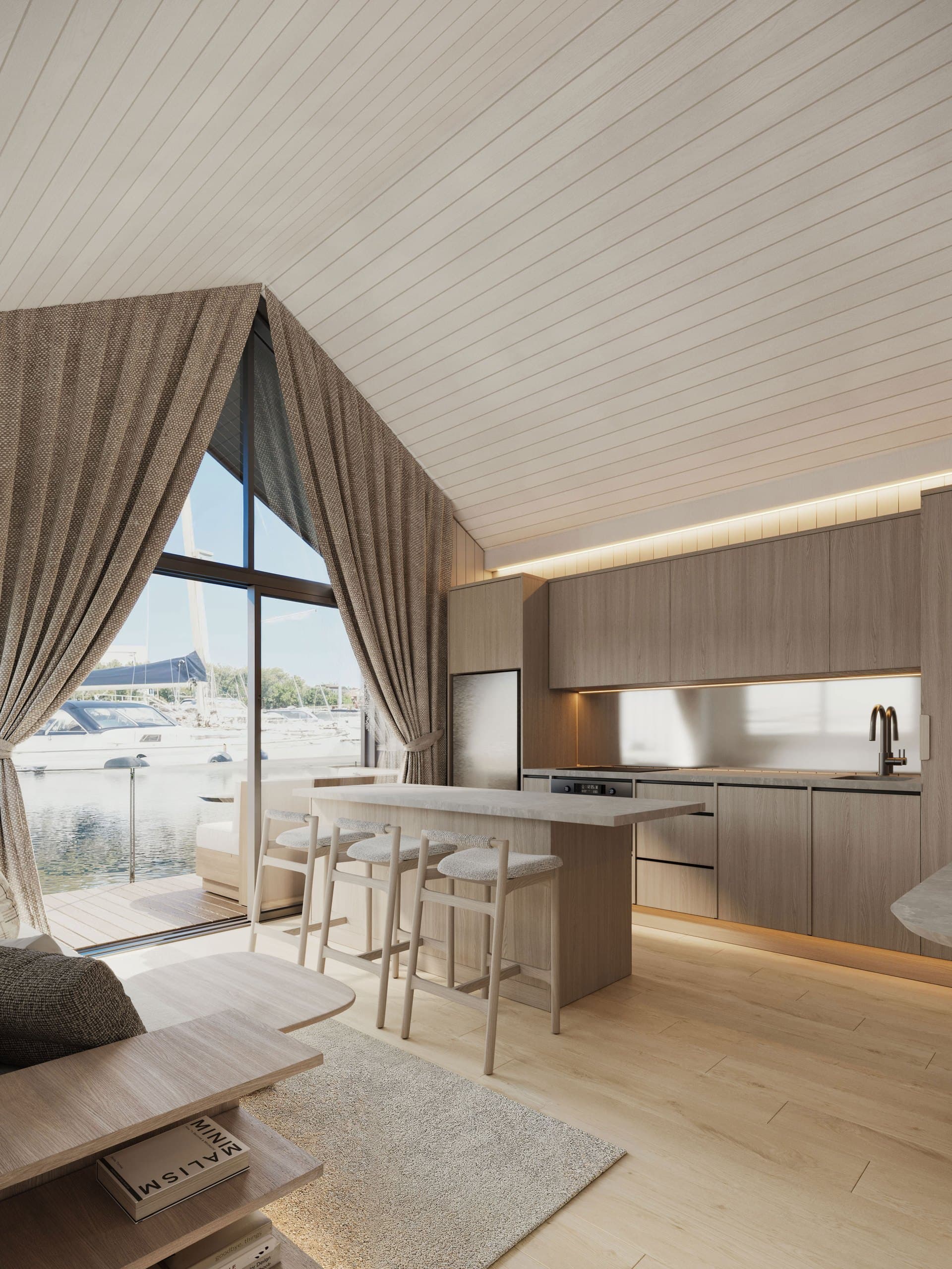 Render of the two-bedroom Boathouse kitchen with a stone island and marina views