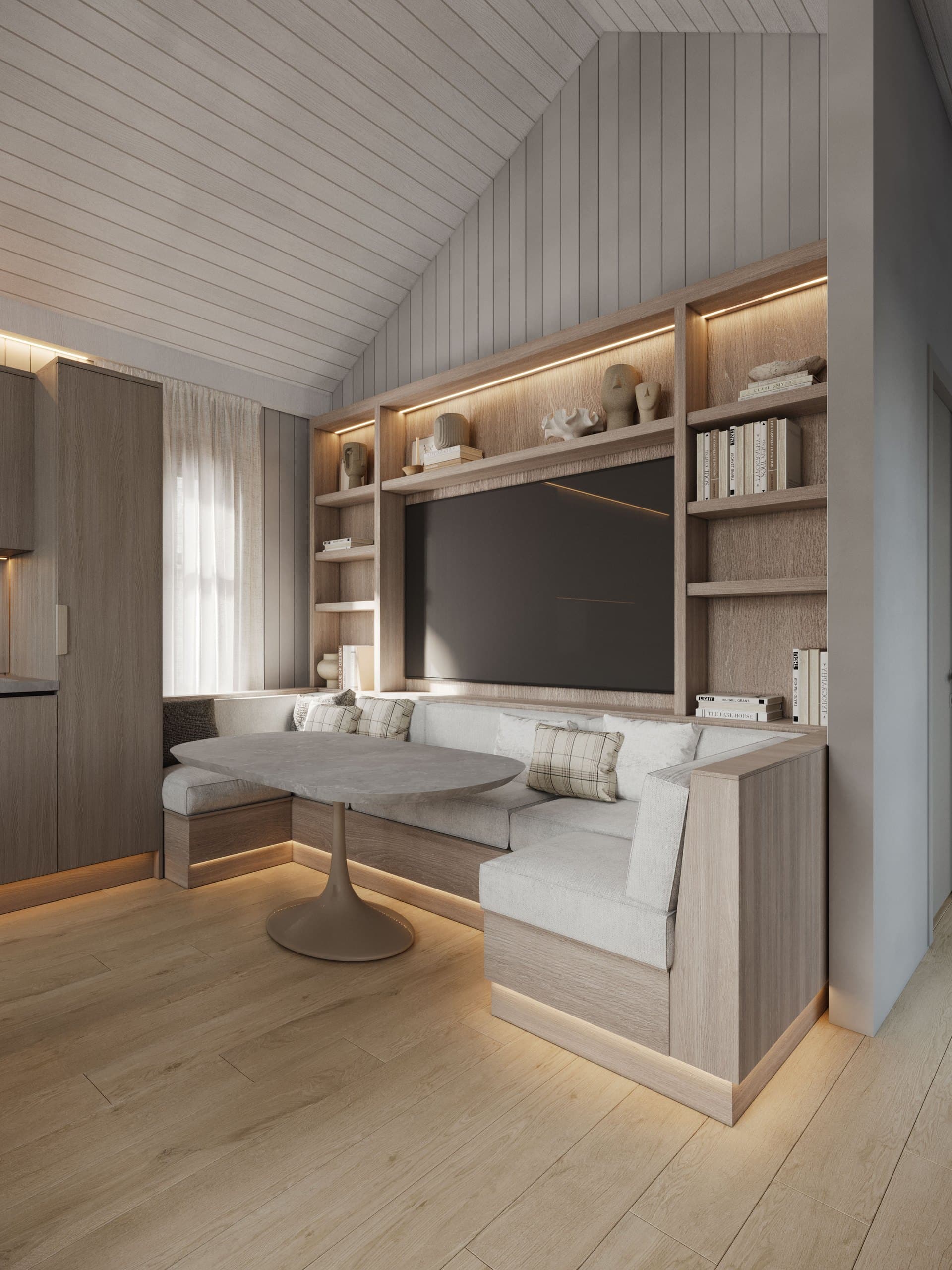 Render of the two-bedroom Boathouse living space with timber shelving and built-in seating