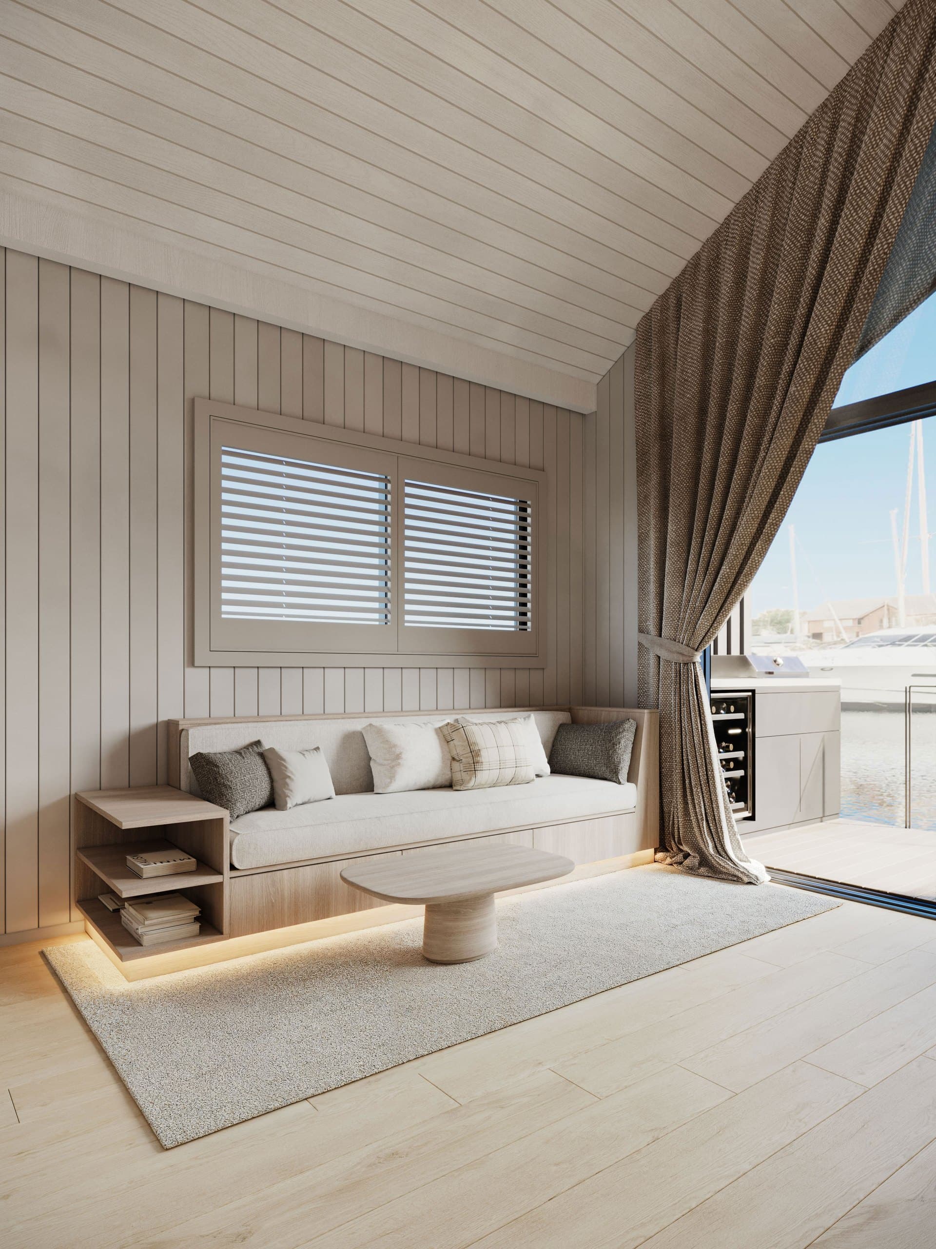 Render of the two-bedroom Boathouse lounge beneath a large gabled window