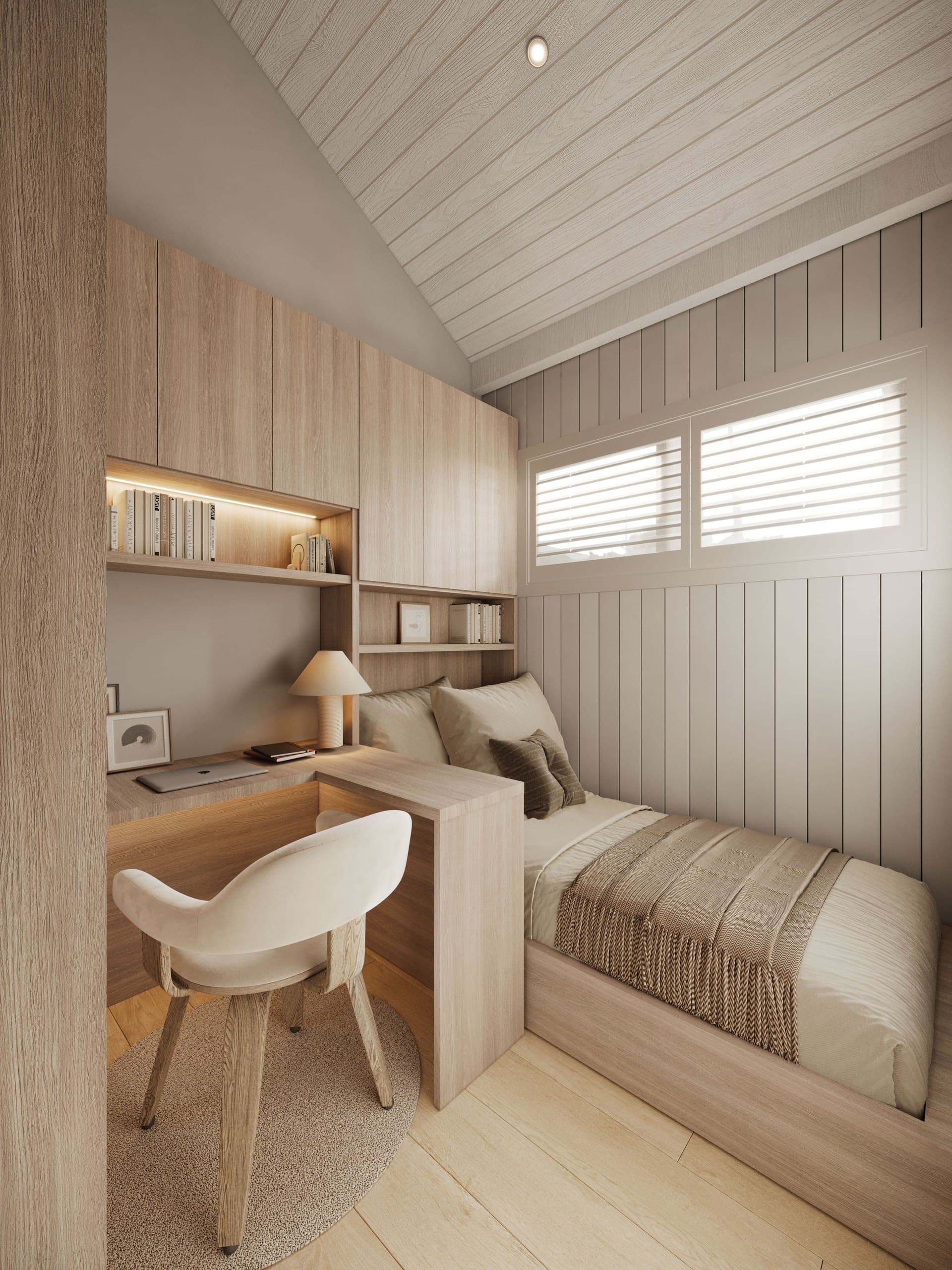 Render of the two-bedroom Boathouse study nook with a timber desk and window seat
