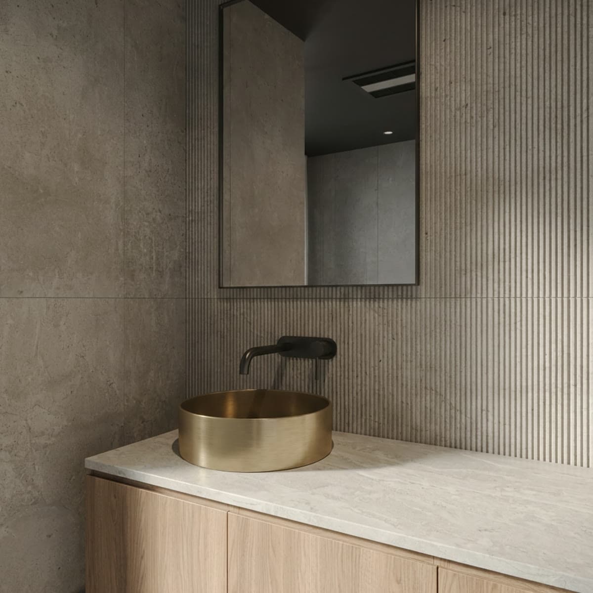 Close-up render of the brass vessel basin on a stone-topped timber vanity at Browns Road
