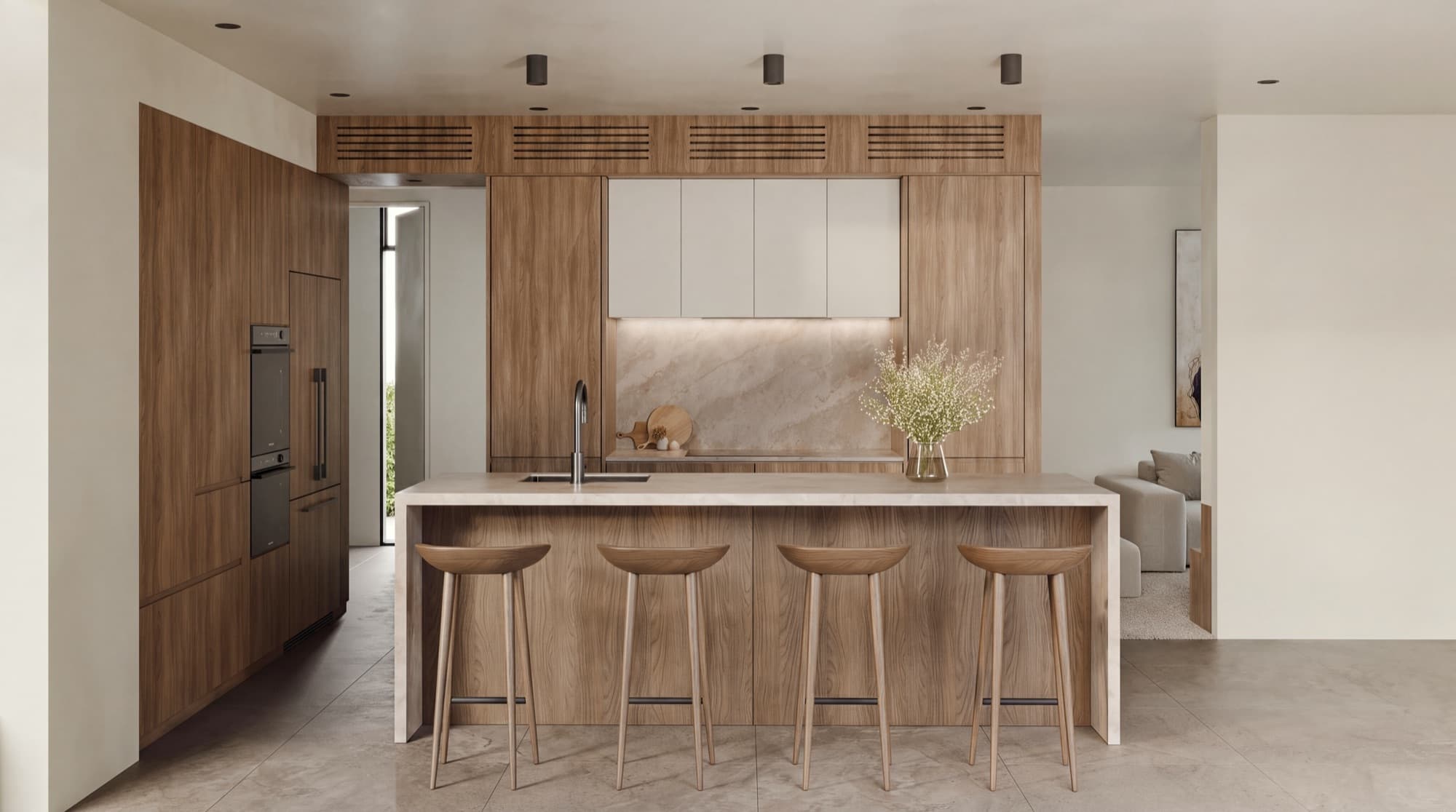 Photorealistic render of a Browns Road kitchen island with four timber stools in front of timber and white joinery