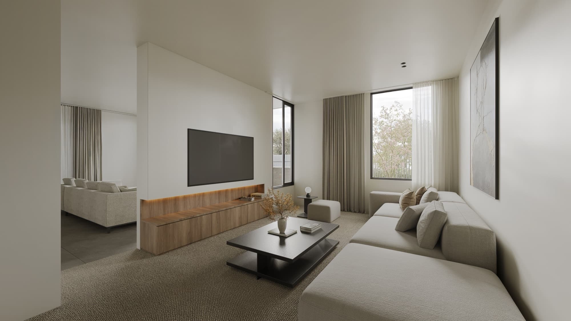 Photorealistic render of the Browns Road media room with a low timber console and a deep modular sofa