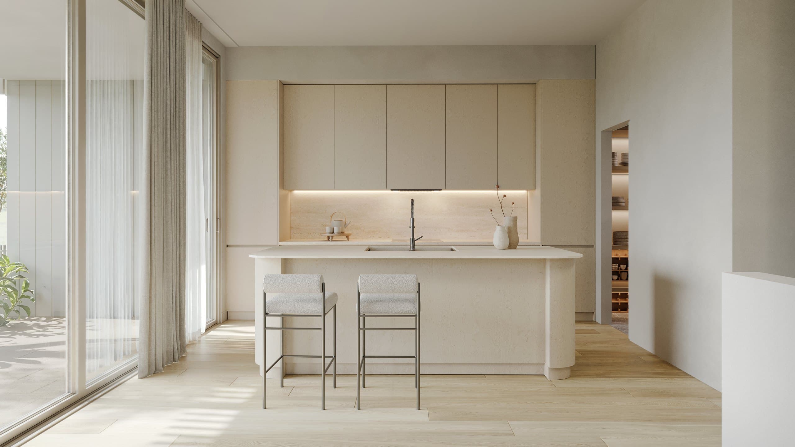 Render of a Dudley Avenue kitchen with pale cabinetry, a stone island and two stools