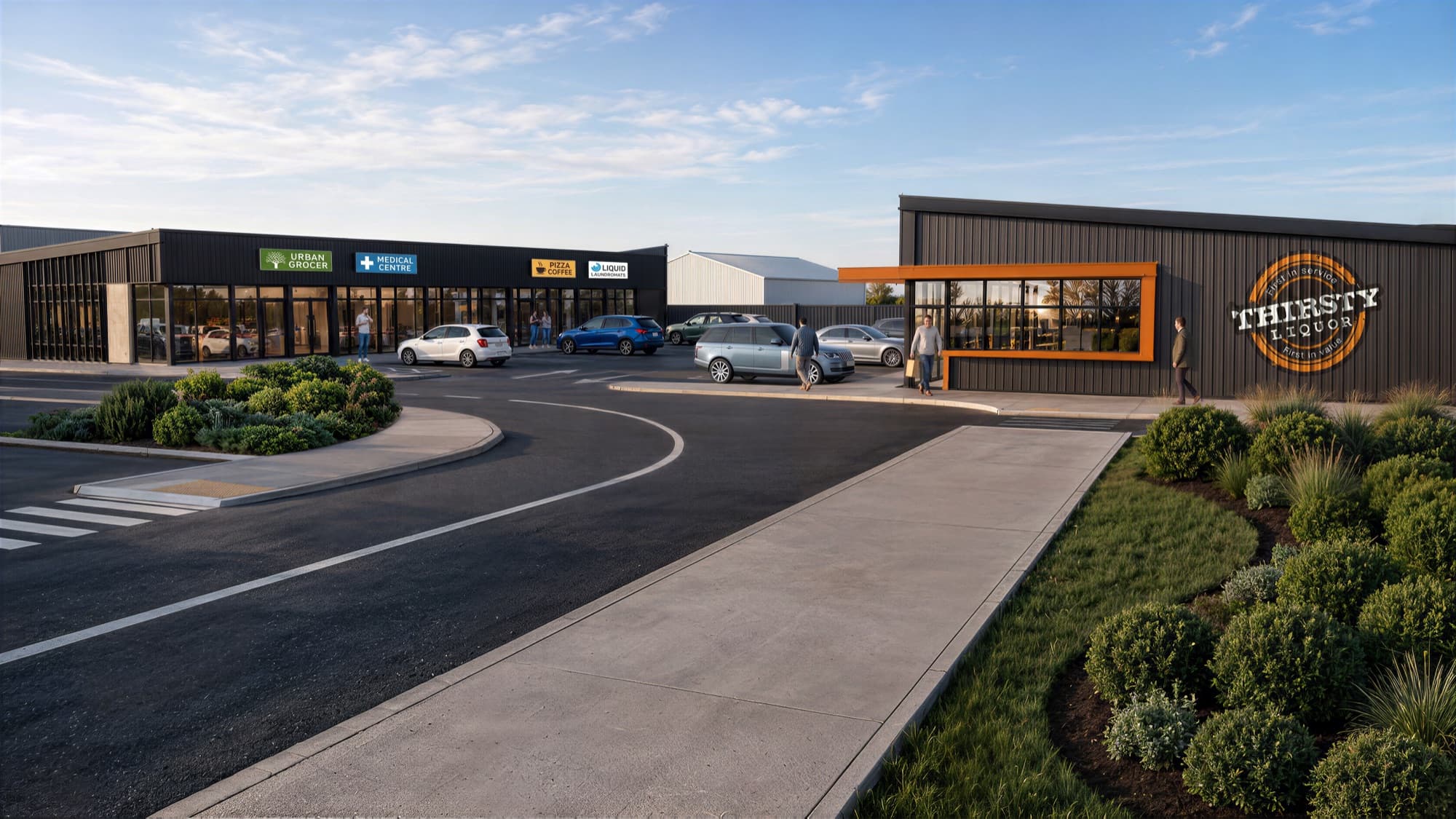 Photorealistic render of the Flaxmere entry road curving past a landscaped garden bed to the corner store and its signage