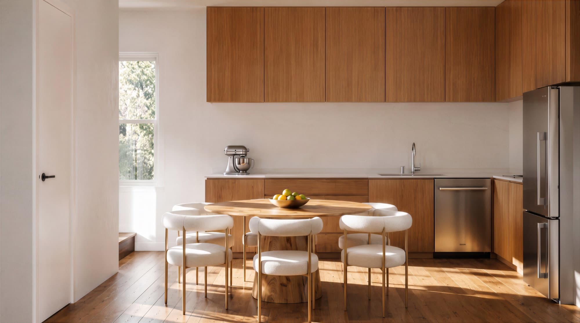 Photorealistic render of a Heatherbank kitchen with timber cabinetry and round dining table