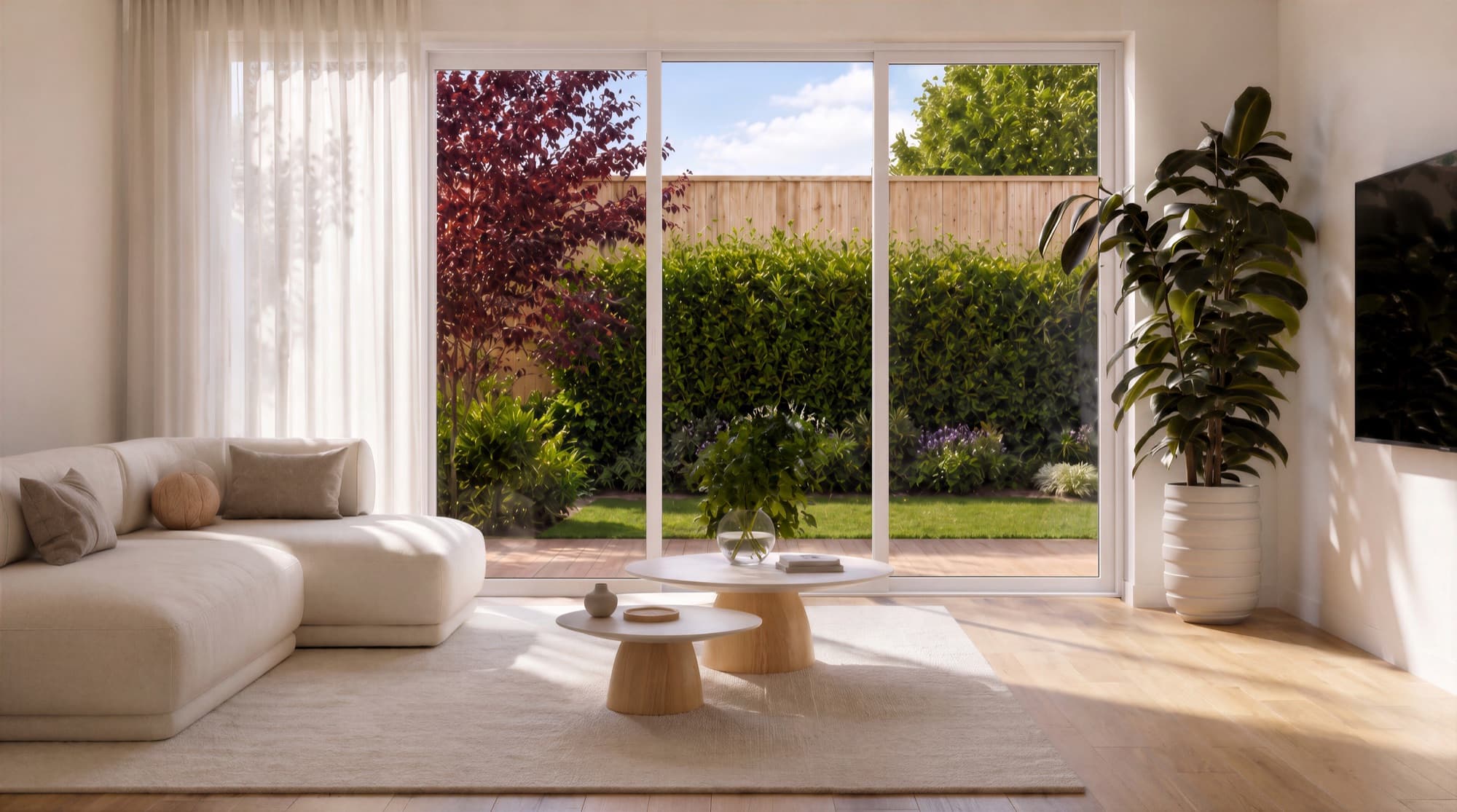 Photorealistic render of a Heatherbank living room opening to the rear garden