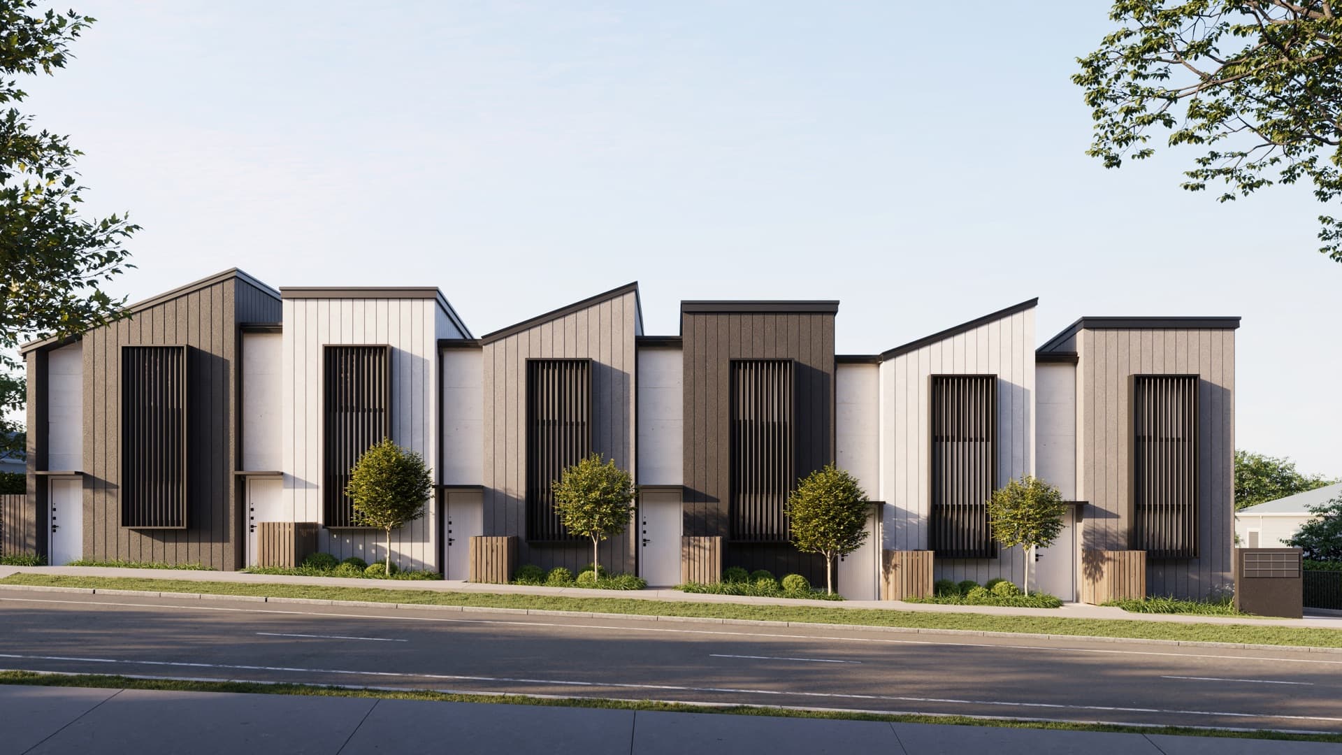 Architectural exterior render of the Lemon Street townhouses in New Plymouth, with white front doors and an exposed-aggregate concrete driveway, by Render Works