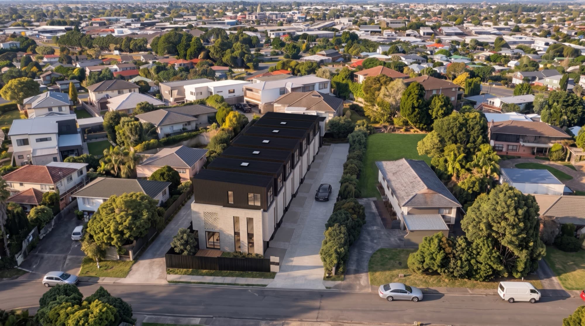 Photorealistic aerial render of the Ludlow Terrace townhouses among the streets of Tōtara Vale, Auckland