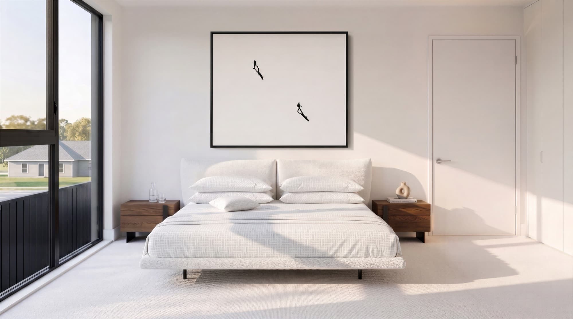 Photorealistic render of a bright Ludlow Terrace bedroom with white bedding and balcony doors