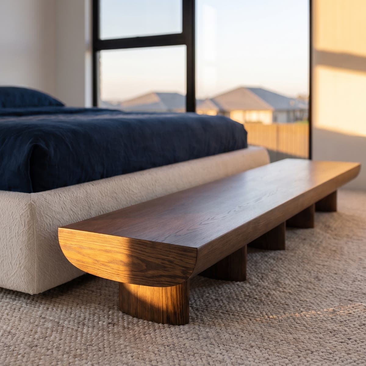 Close-up render of a solid timber bench at the foot of a bed with navy bedding at Ludlow Terrace