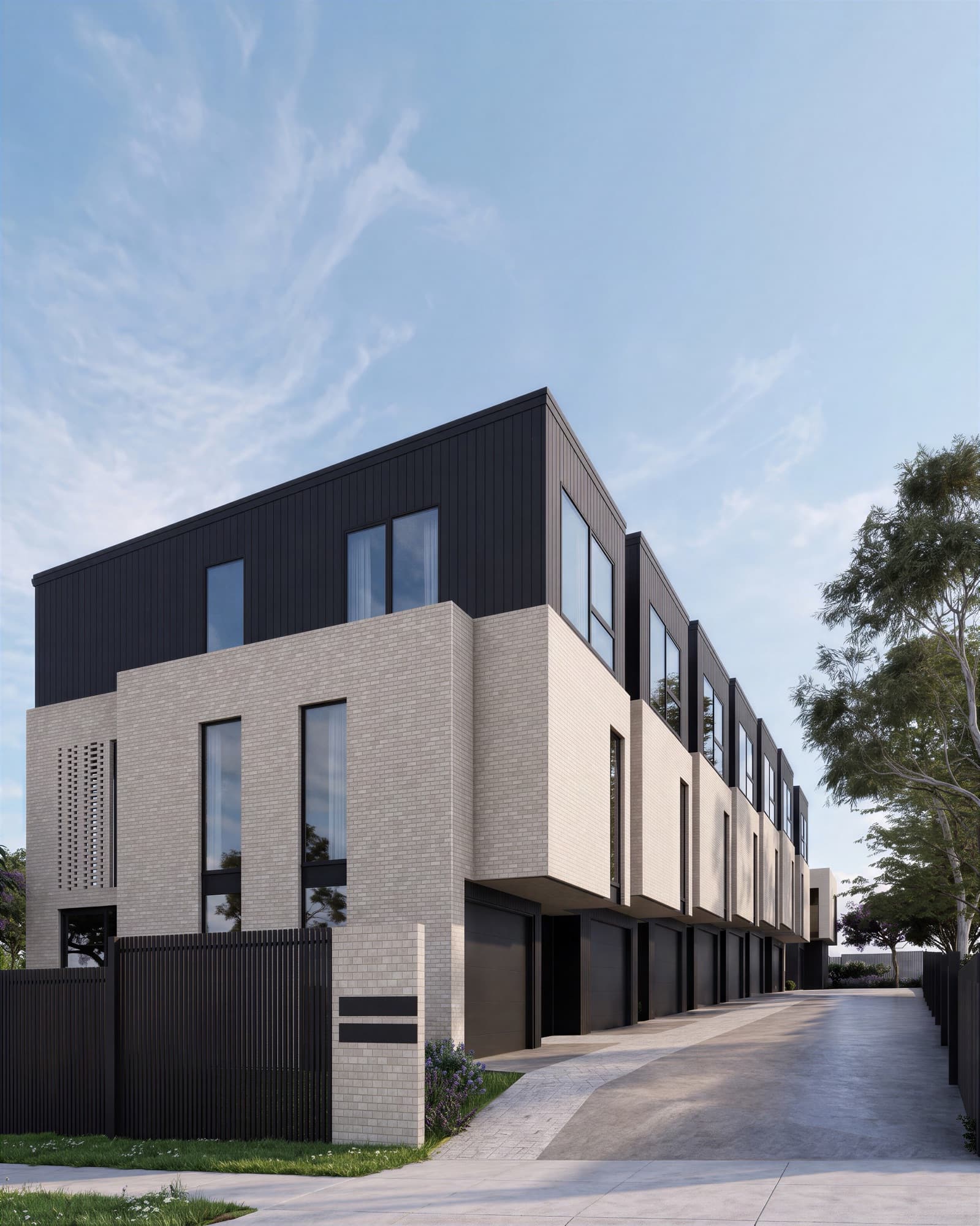 Photorealistic render of the brick and black-clad corner of Ludlow Terrace at the driveway entry in Tōtara Vale