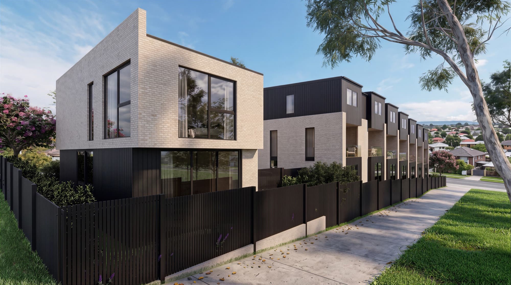 Photorealistic street corner render of Ludlow Terrace with a black batten fence and a gum tree
