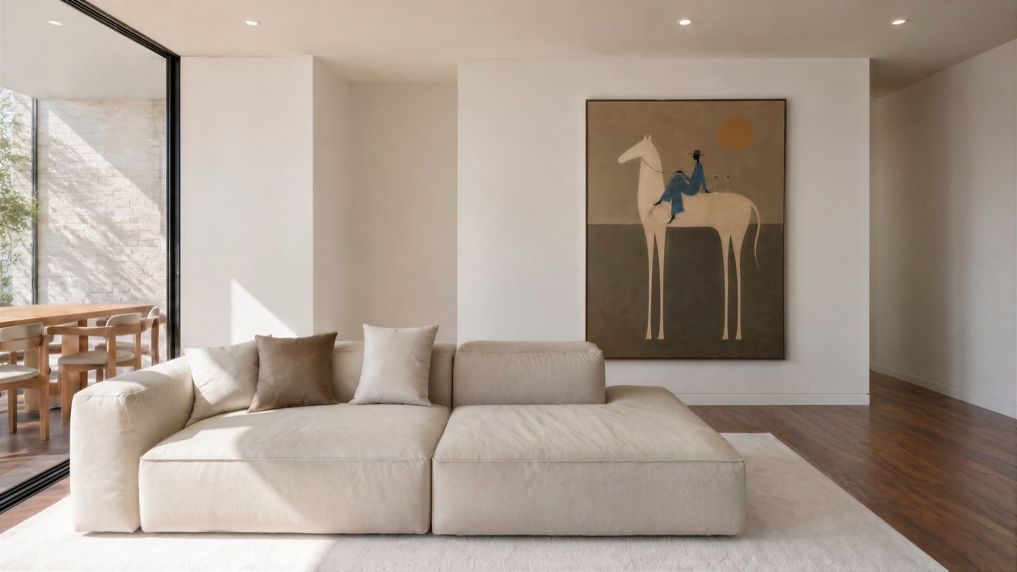 Photorealistic render of a Ludlow Terrace living room with a cream modular sofa and timber floors