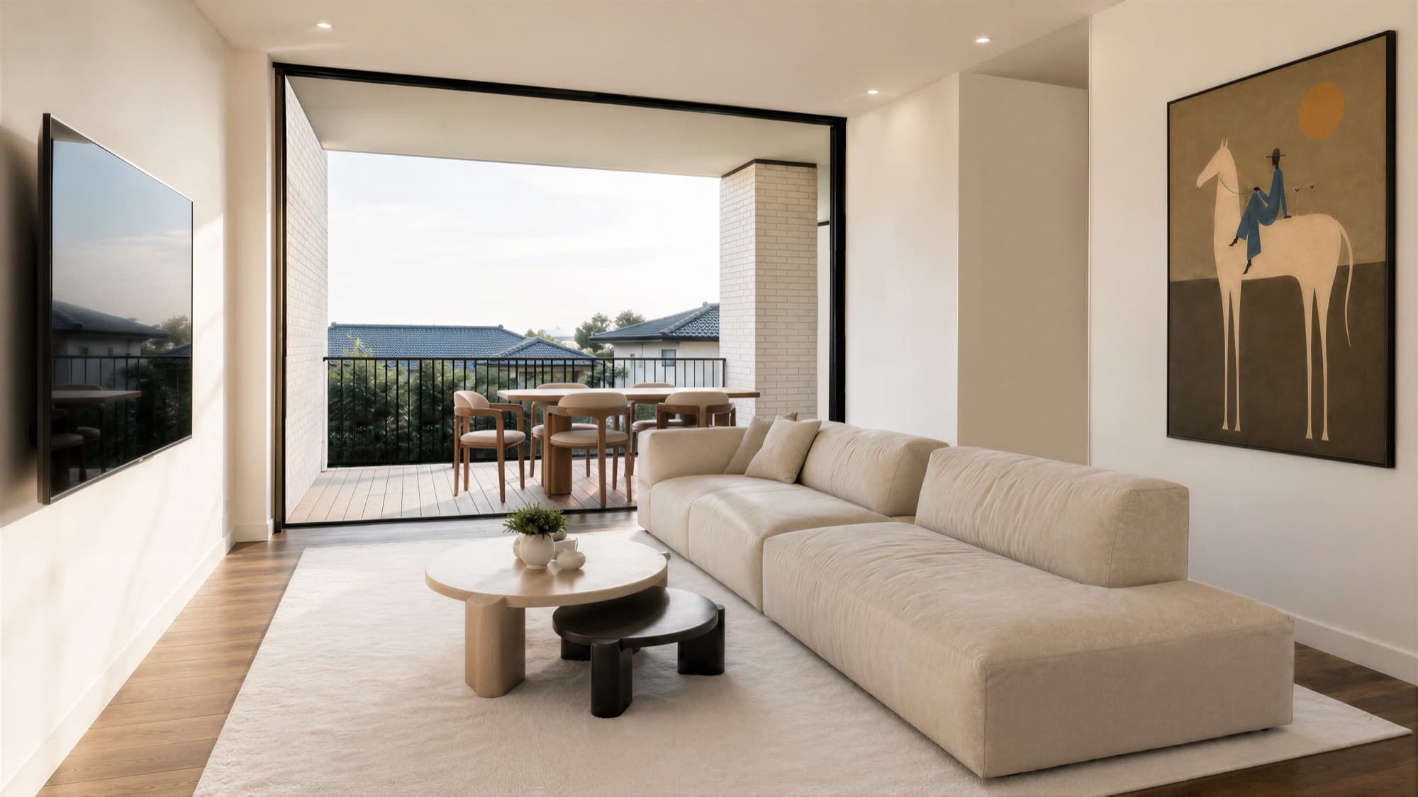 Photorealistic render of a Ludlow Terrace living room opening to a covered balcony
