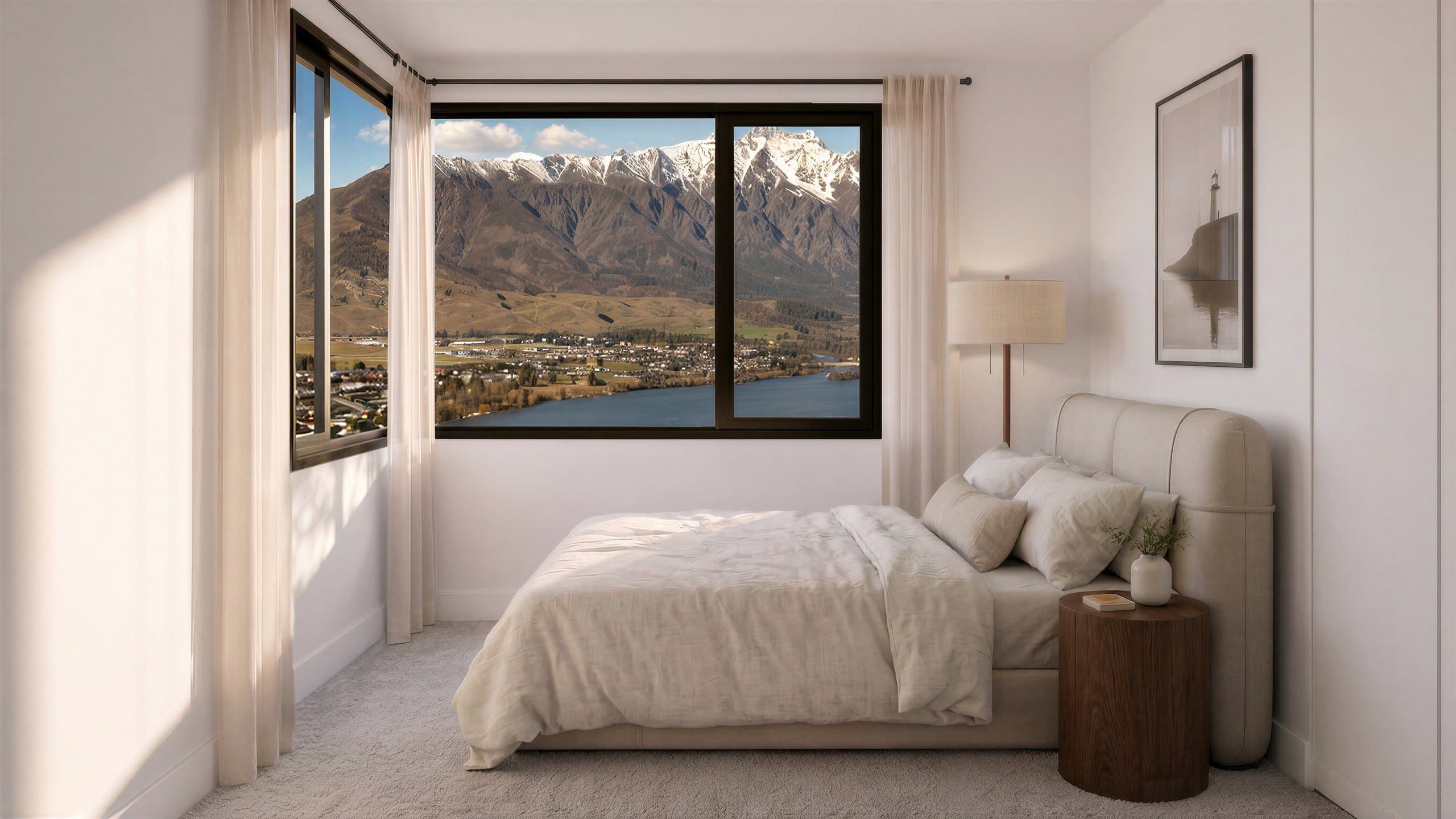 Photorealistic render of a ground floor bedroom at Middleton looking out to the lake and ranges