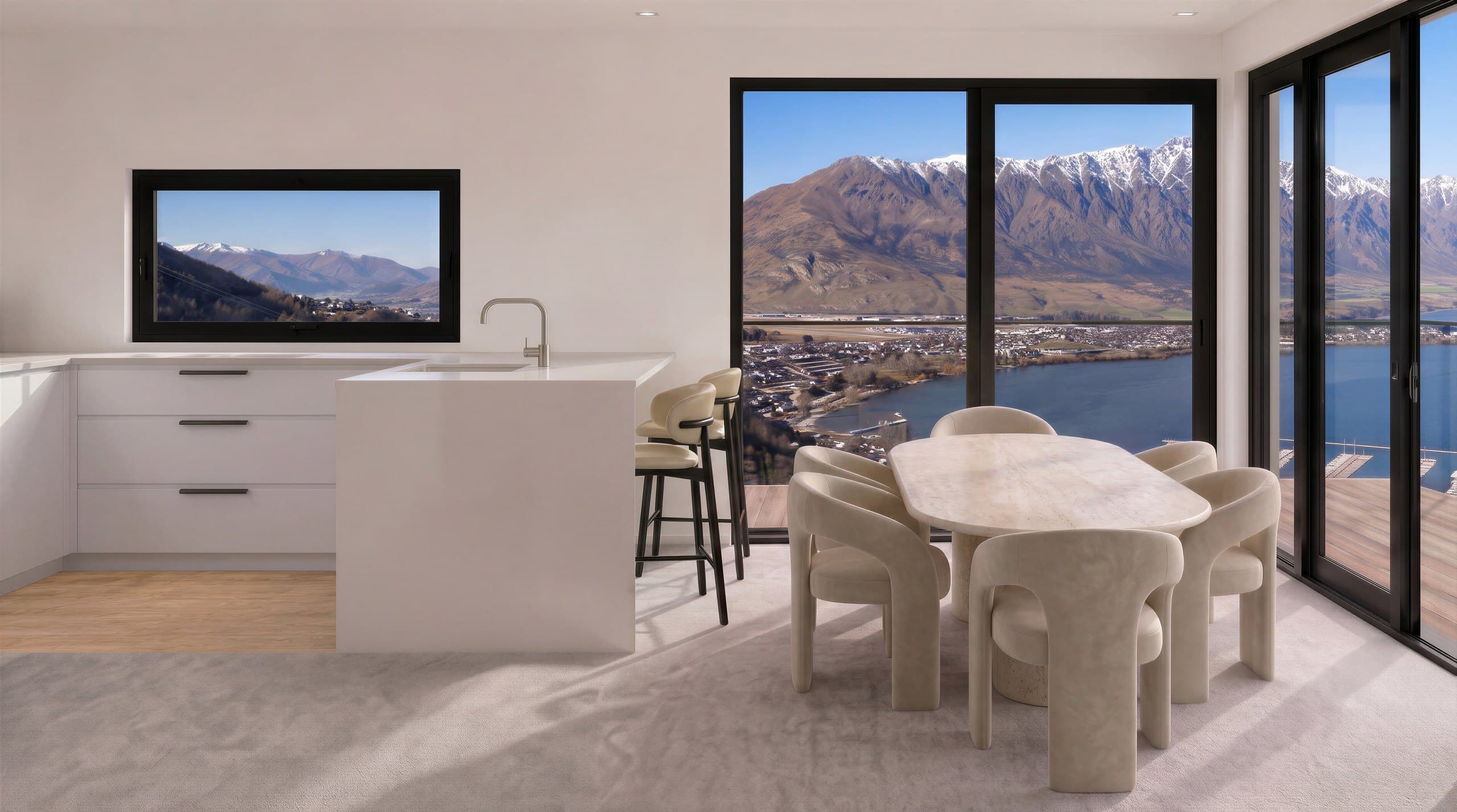 Photorealistic render of a Type A Middleton kitchen and dining space with lake and mountain views