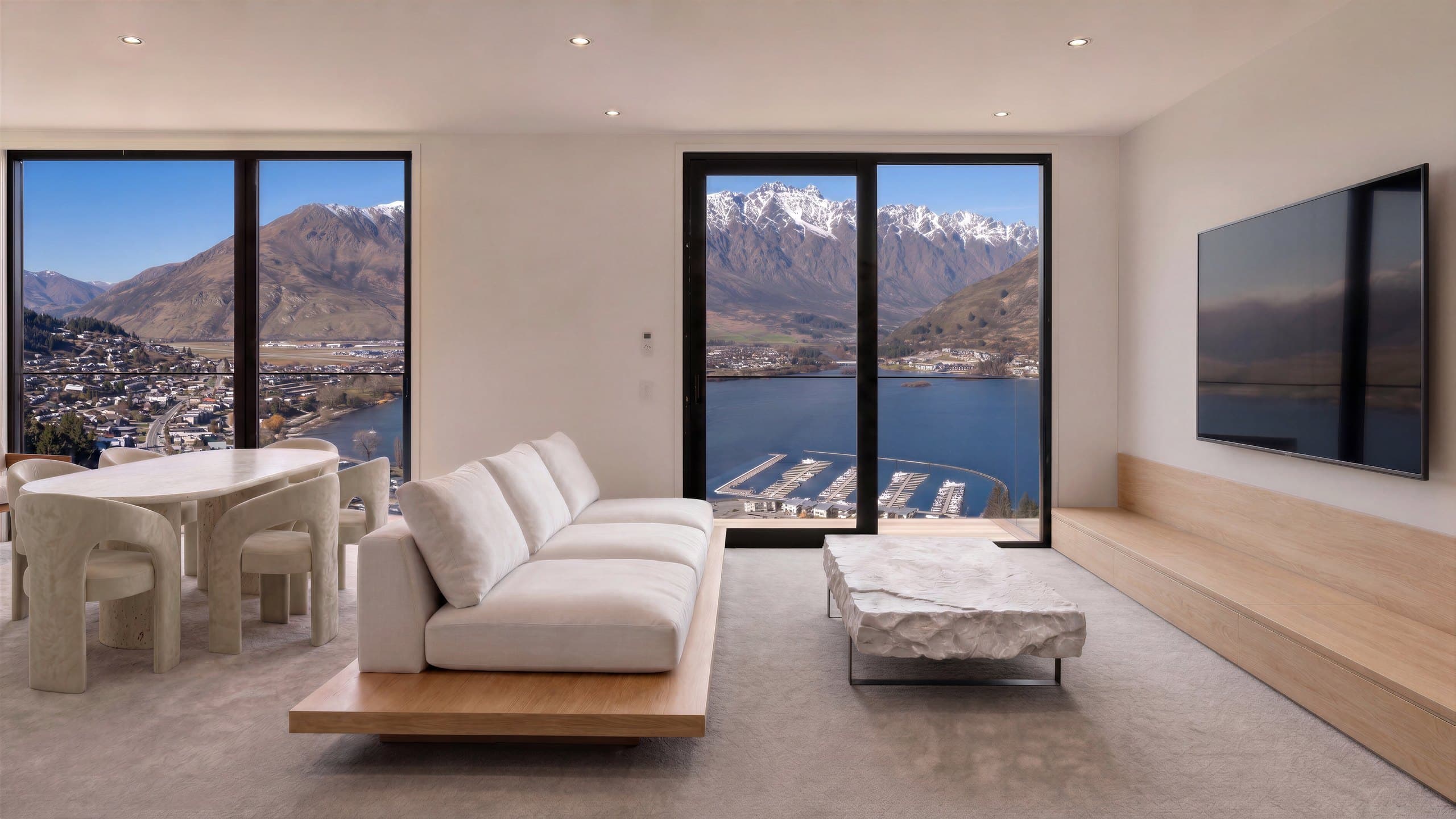 Photorealistic render of a Type A Middleton lounge with sliding doors looking over the marina and lake