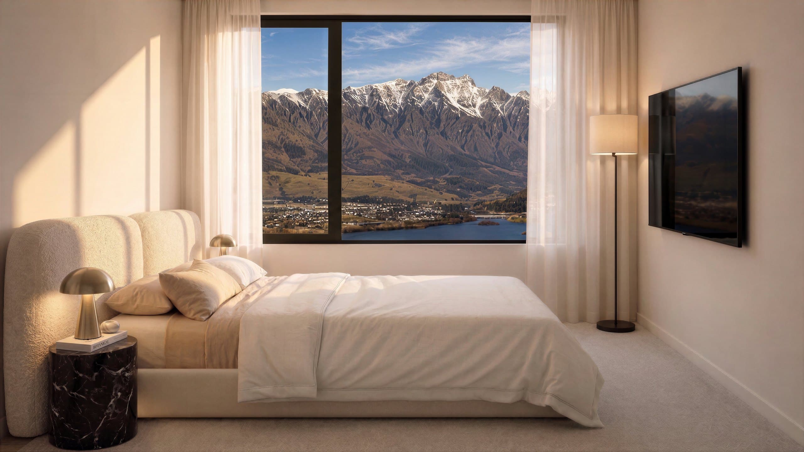 Photorealistic render of a Type B Middleton bedroom with a picture window to the mountains