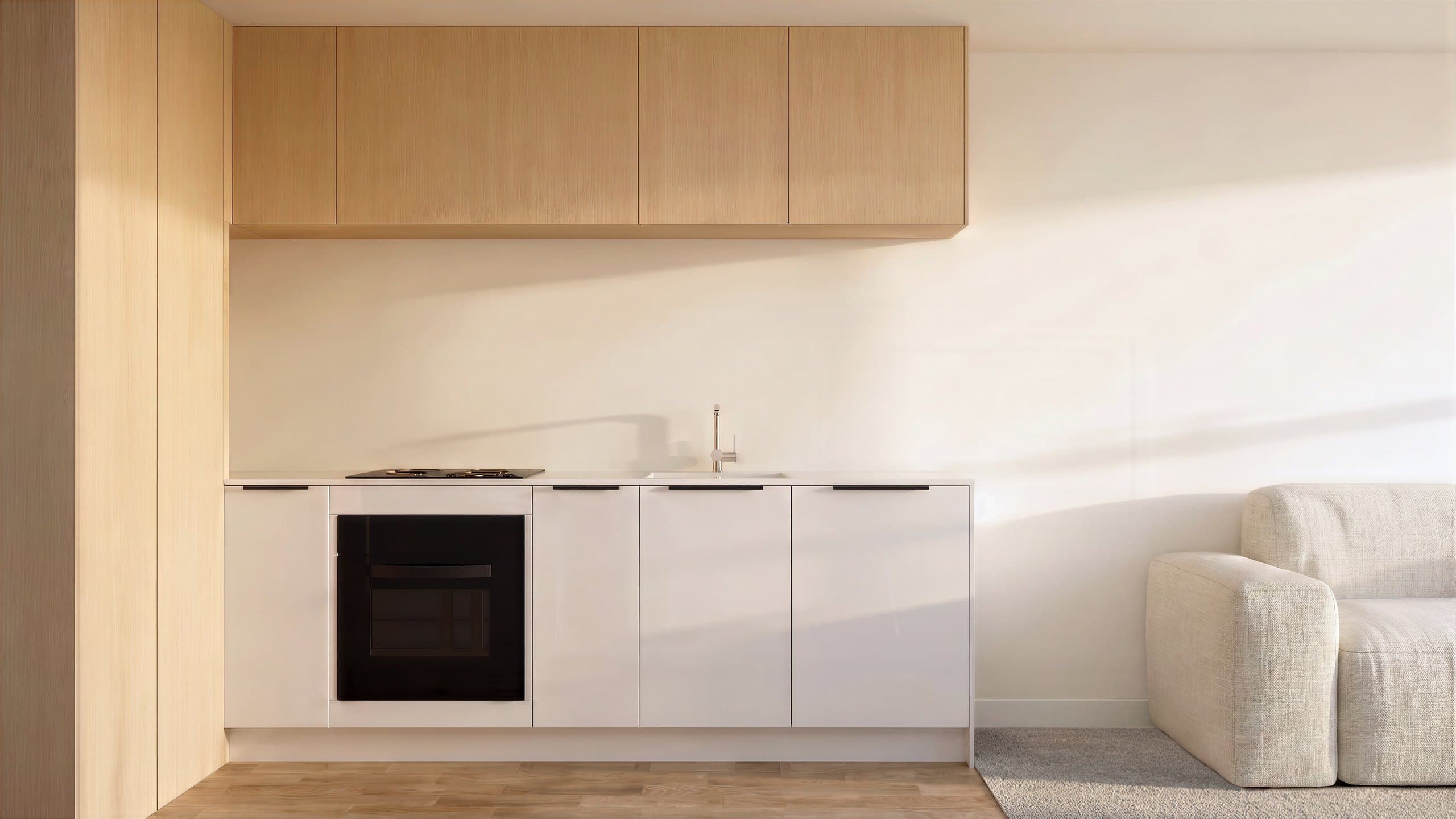 Photorealistic render of a Type B Middleton kitchen with light timber cabinetry