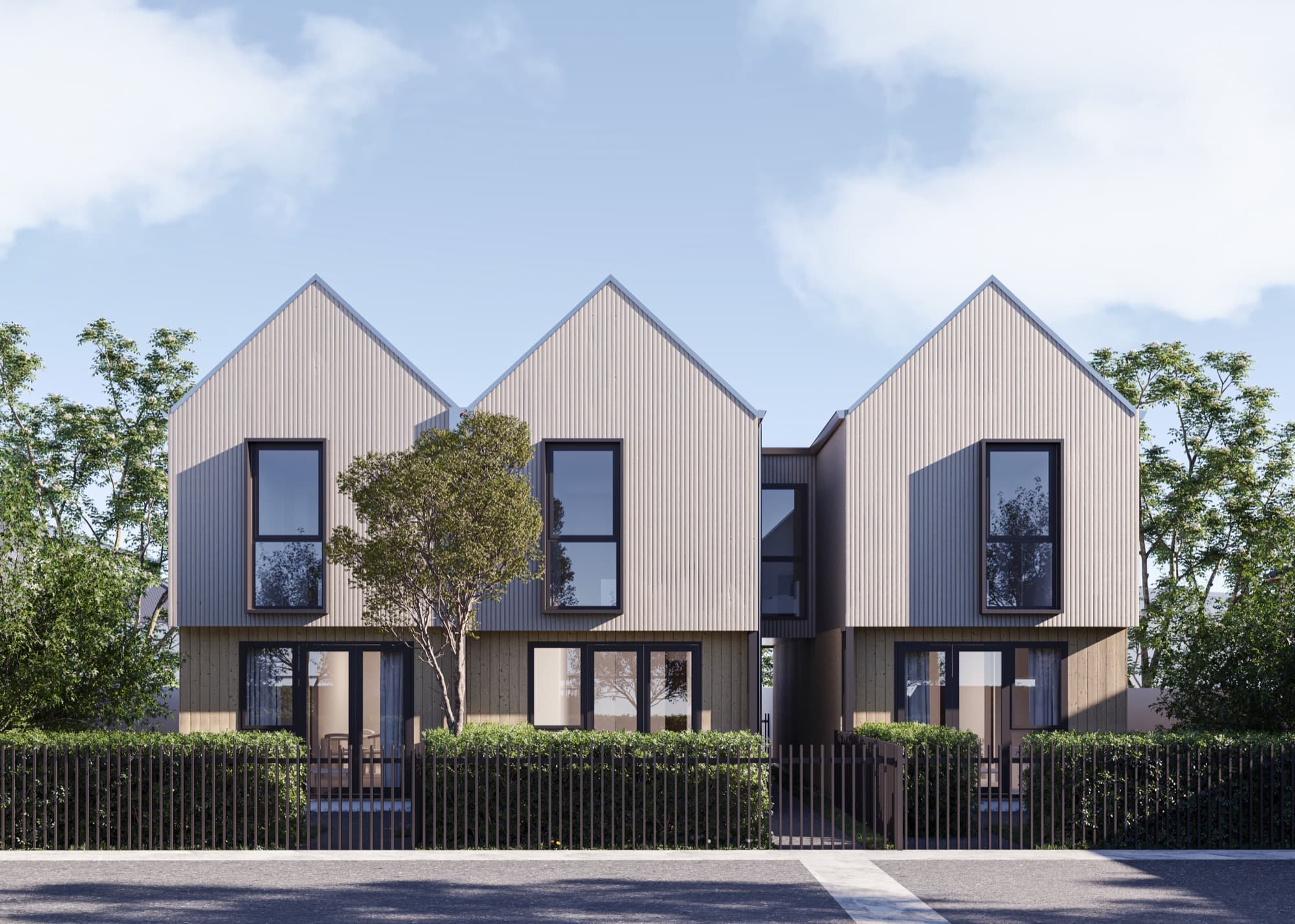Street-front exterior render of the Molyneux homes in Cromwell