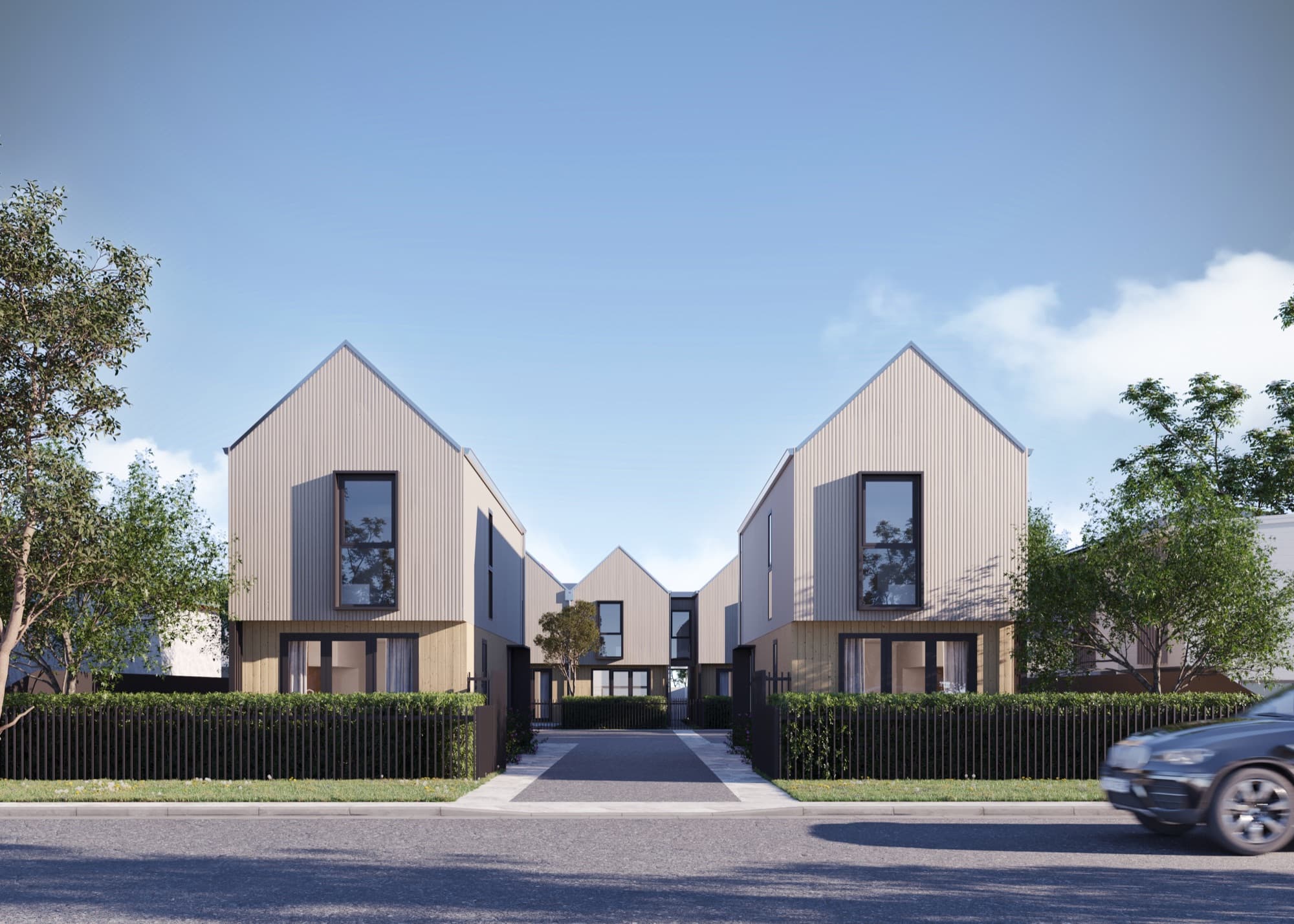 Second street-front exterior render of the Molyneux homes
