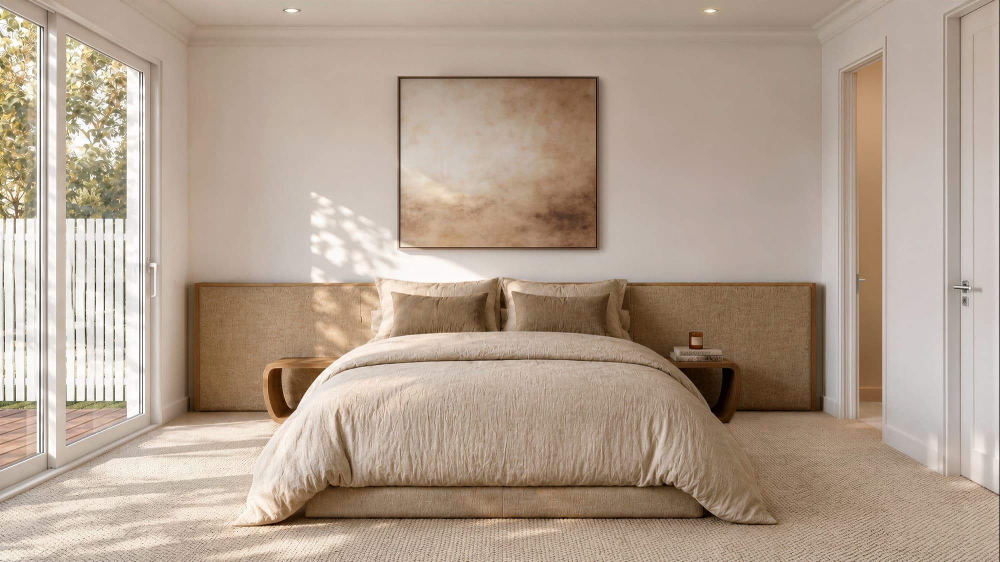 Interior render of a Queenwood Property main bedroom with upholstered headboard wall and sliding doors to the garden