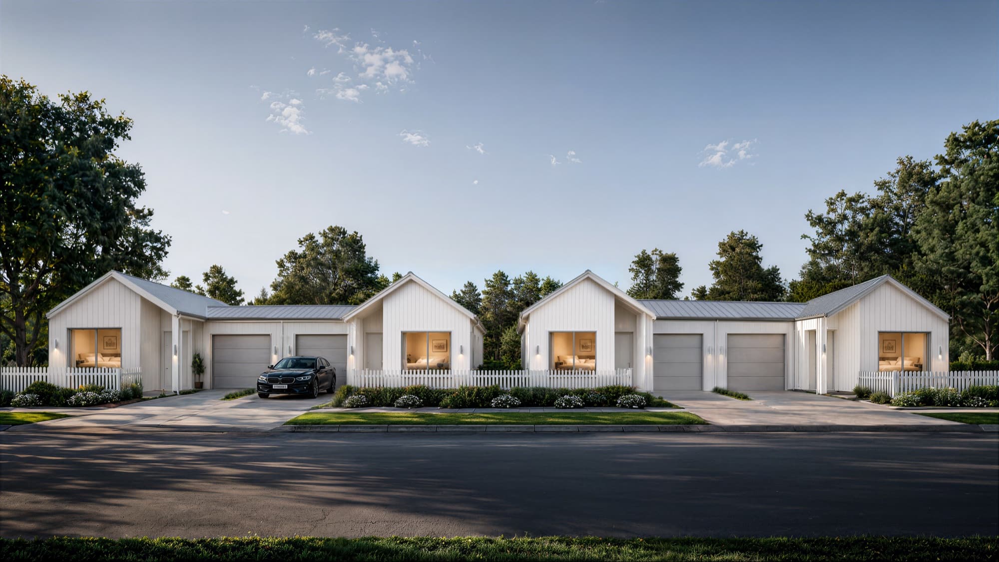 Full street elevation render of the Queenwood Property single-level homes in Waikato