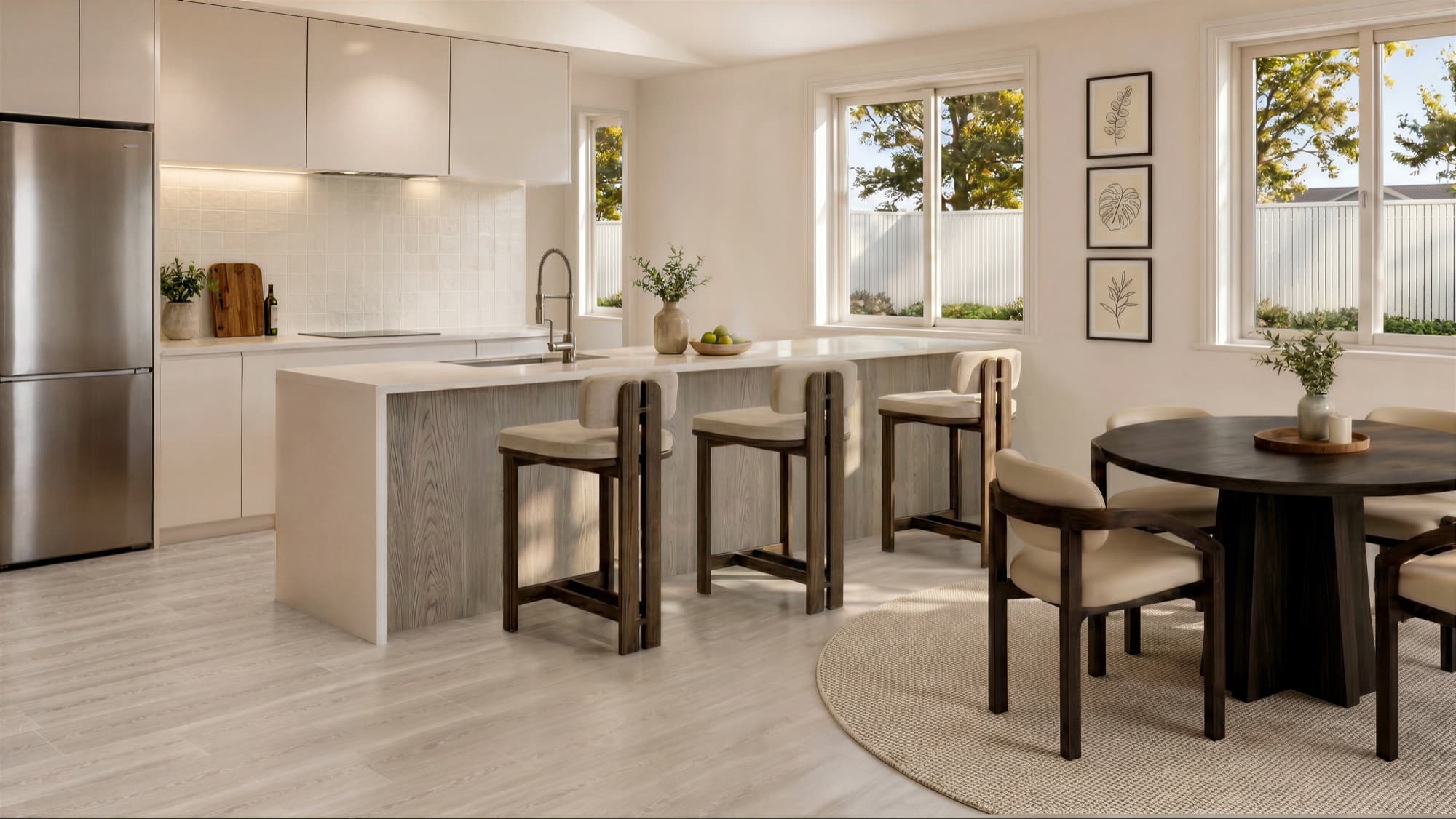 Interior render of a Queenwood Property kitchen with stone island bench, timber stools, and round dining table