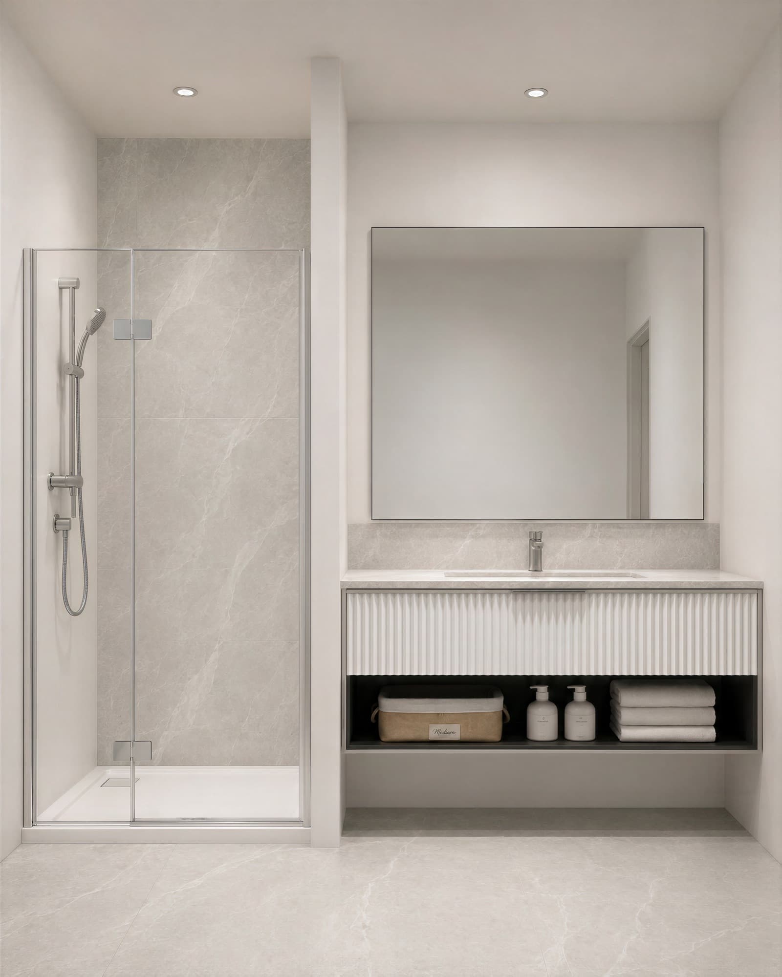 Photorealistic render of a Rogers Street bathroom with frameless shower and fluted wall vanity