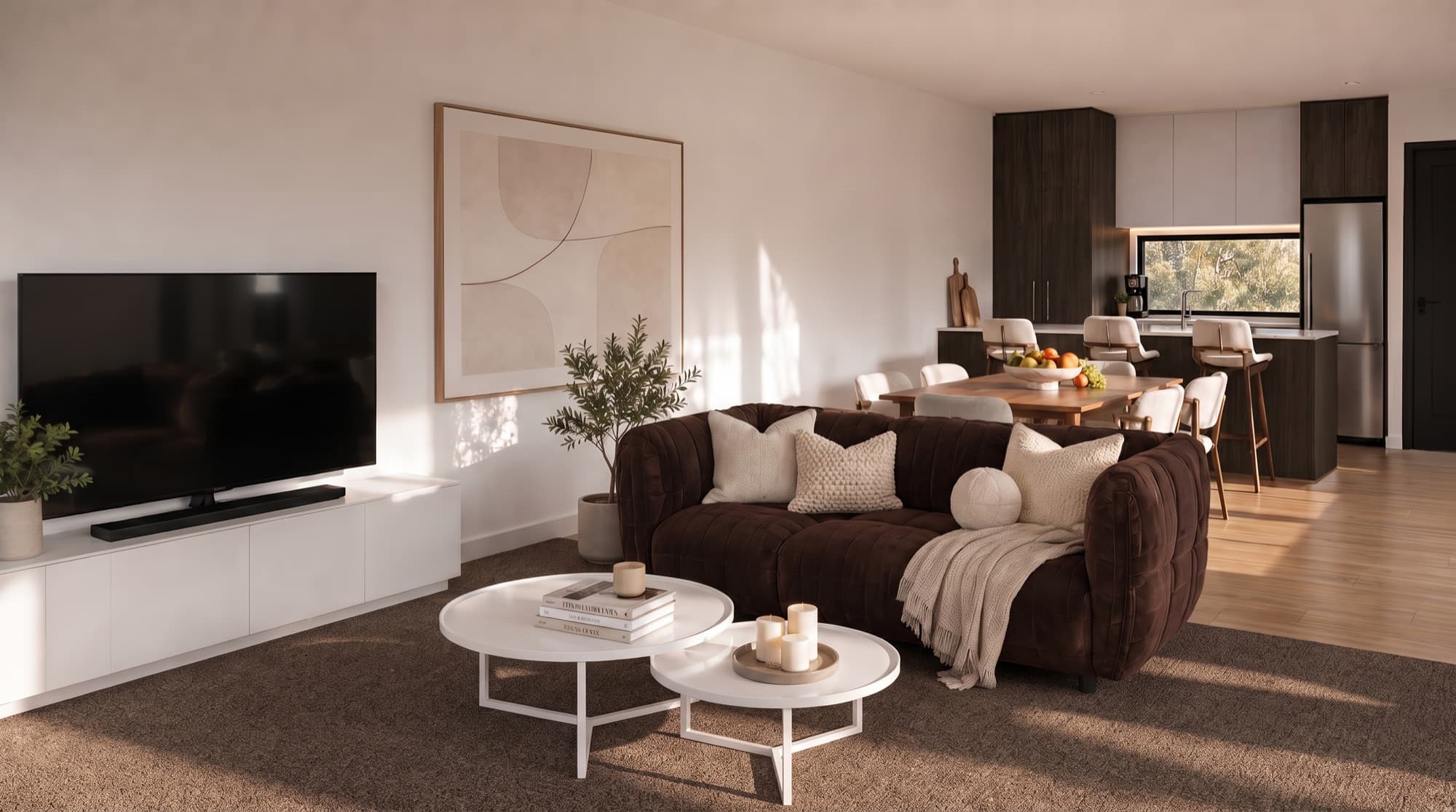 Photorealistic render of a Rogers Street living room opening through to the oak kitchen and dining area