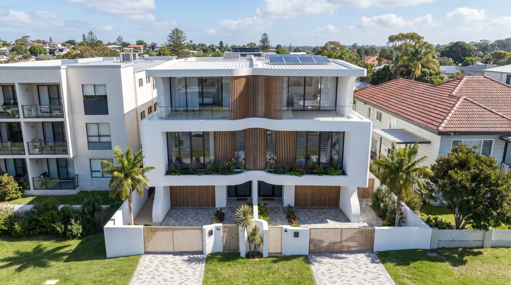 Aerial render of the Soleil development among the real Redhead rooftops