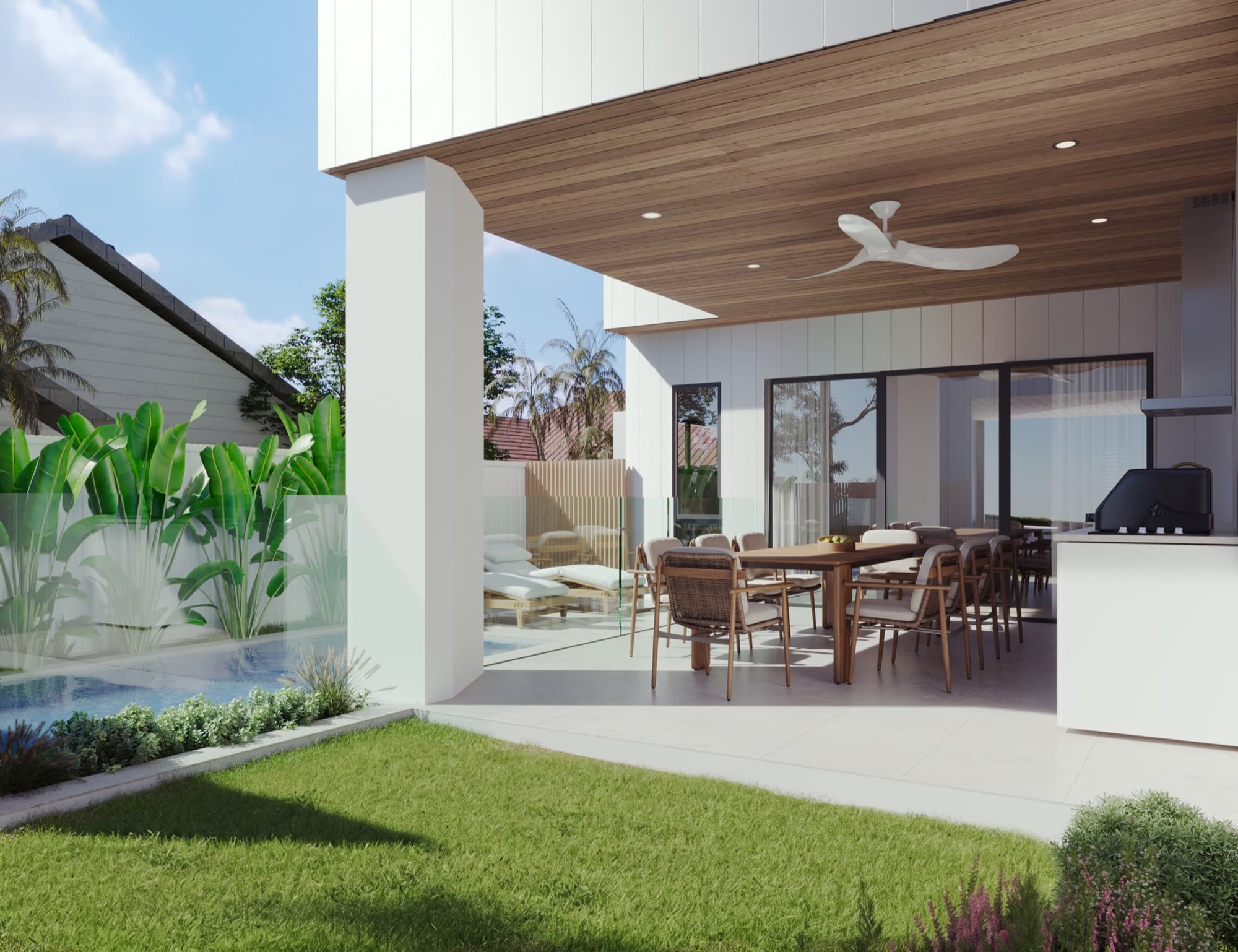 Photorealistic render of the Soleil alfresco dining area and lawn