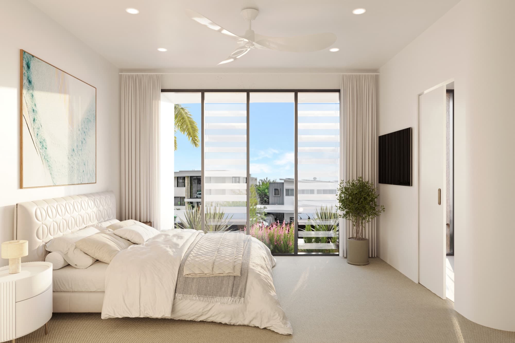 Photorealistic render of a Soleil bedroom with balcony outlook