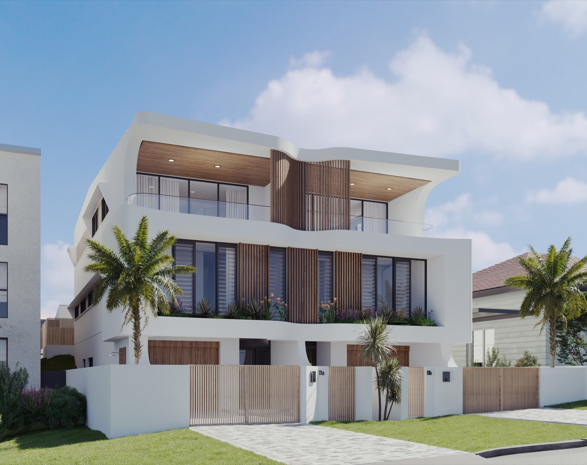 Photorealistic street-view render of the Soleil facade in Redhead