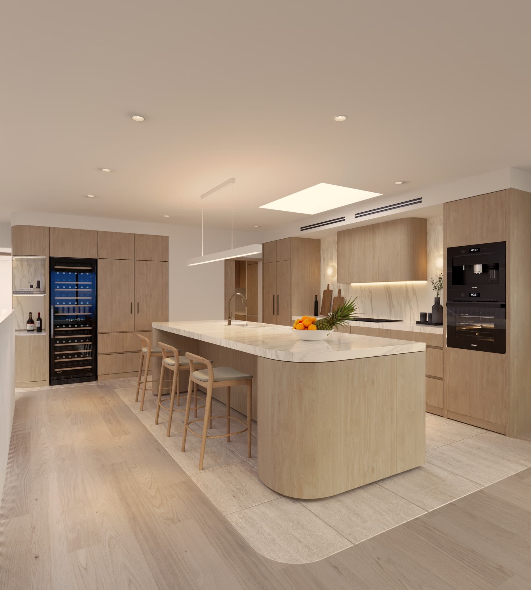Photorealistic render of the Soleil kitchen with timber cabinetry and island bench