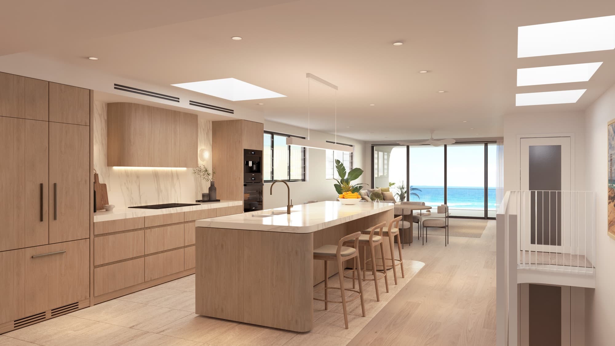 Photorealistic render of the Soleil open-plan living and kitchen looking out to the ocean
