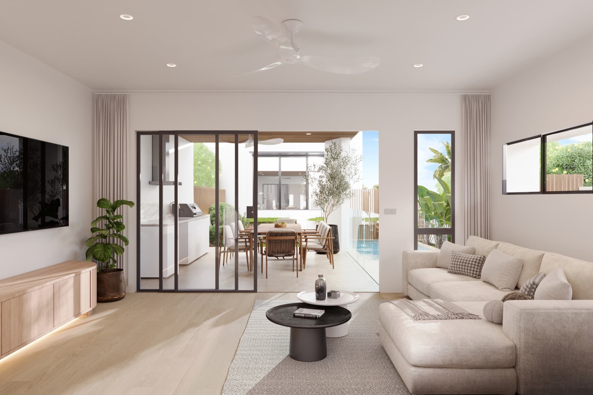 Photorealistic render of the Soleil second living room opening to the pool