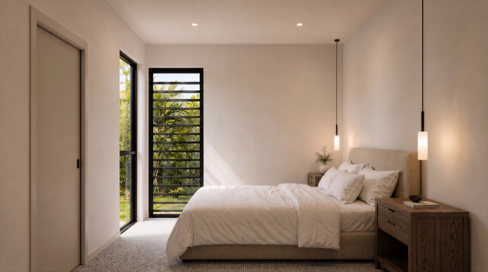 Photorealistic render of a Springleigh bedroom with pendant lighting