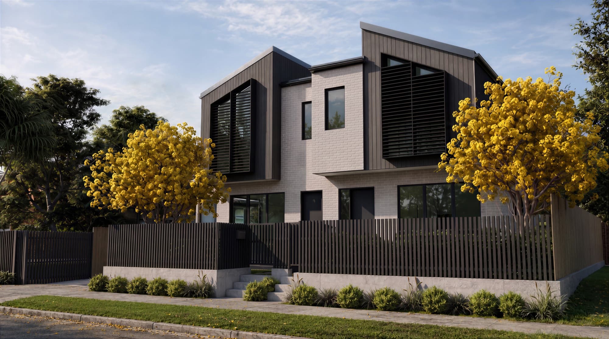 Photorealistic angled street render of the Springleigh townhouses in Mount Albert