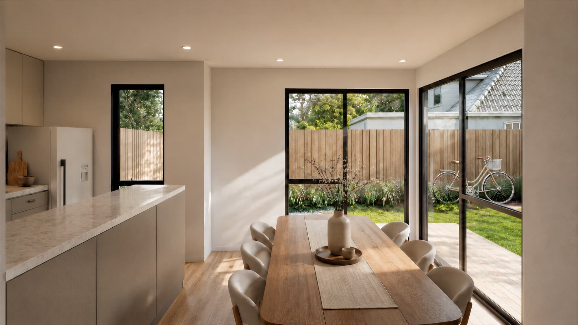 Photorealistic render of a Springleigh kitchen and dining space opening to the backyard