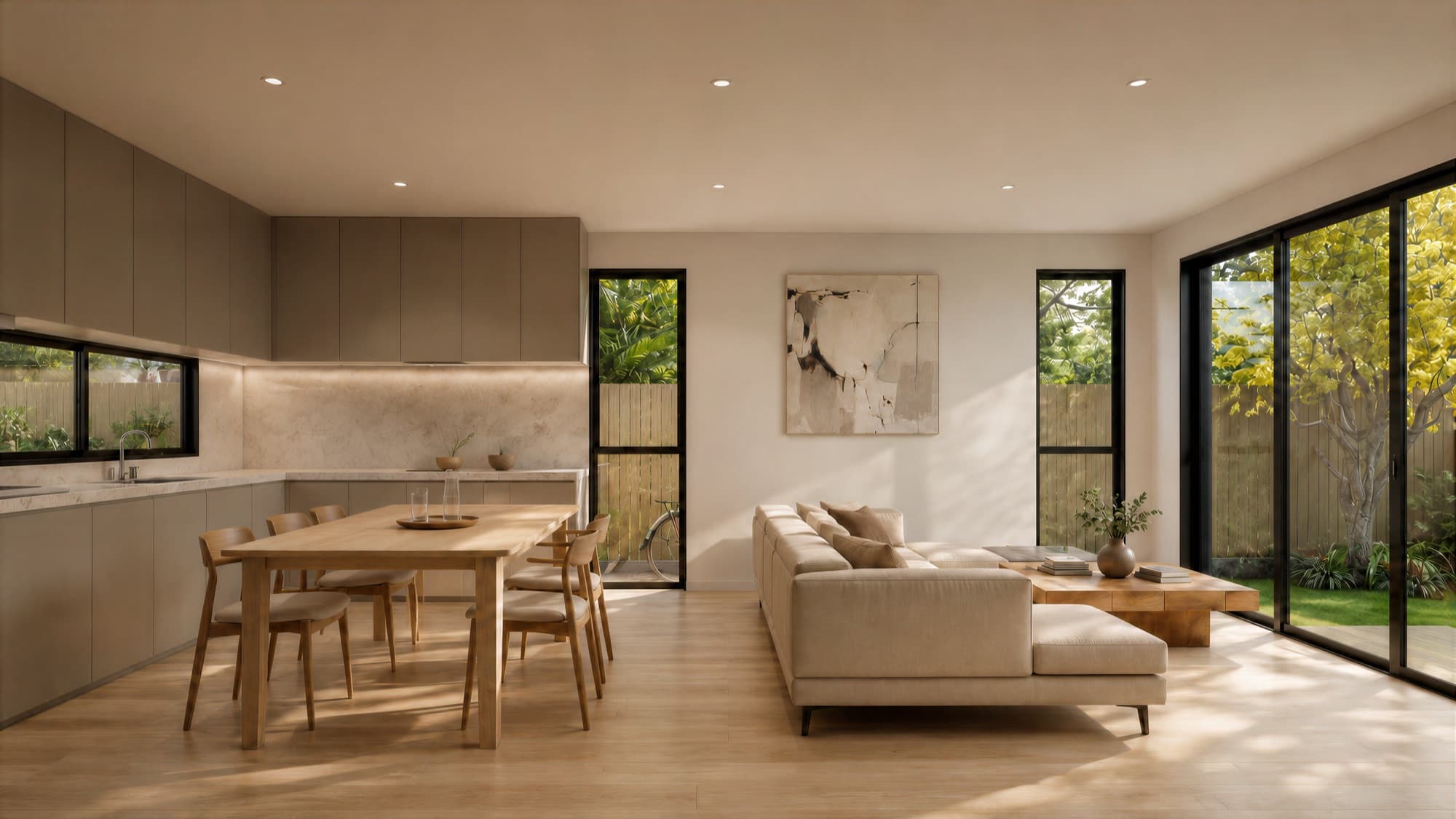 Photorealistic render of a Springleigh open-plan living and kitchen space